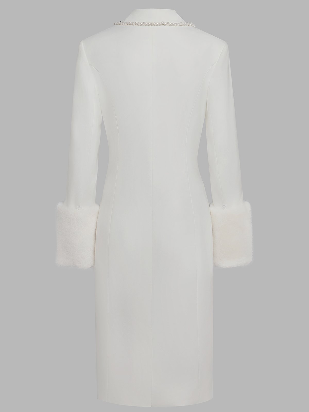 White Imitation Pearls Faux Fur Blazer Lapel Collar Long Sleeve Sheath Midi Dress