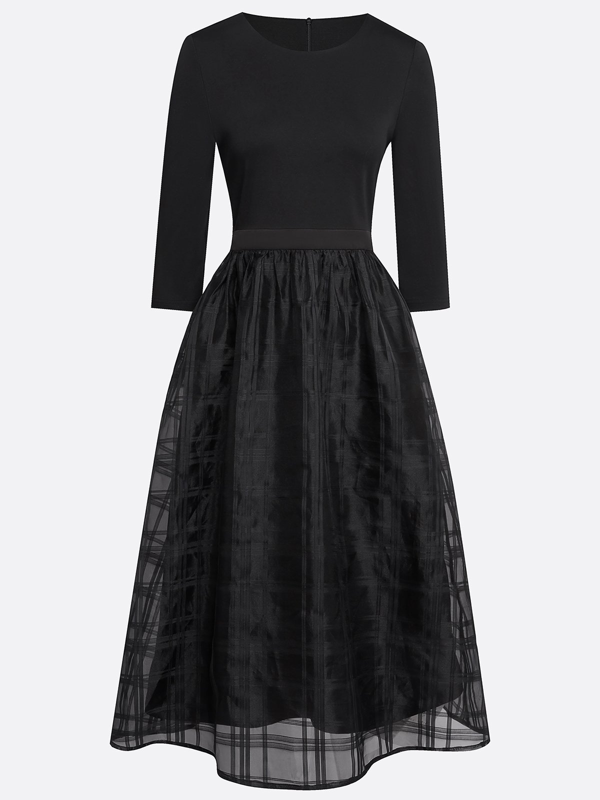 Black Organza Knit Crew Neck Half Sleeve A-Line Midi Dress