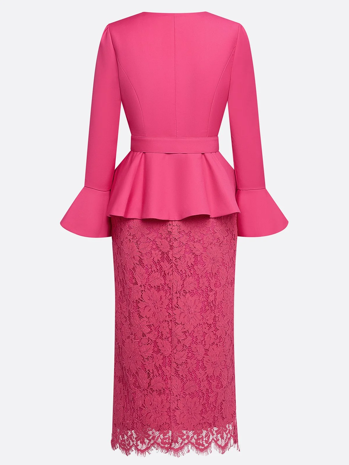 Women Rose Red Buckle Lace Crew Neck Long Sleeve Bell Sleeve Dressy Coat With Skirt Two-Piece Set