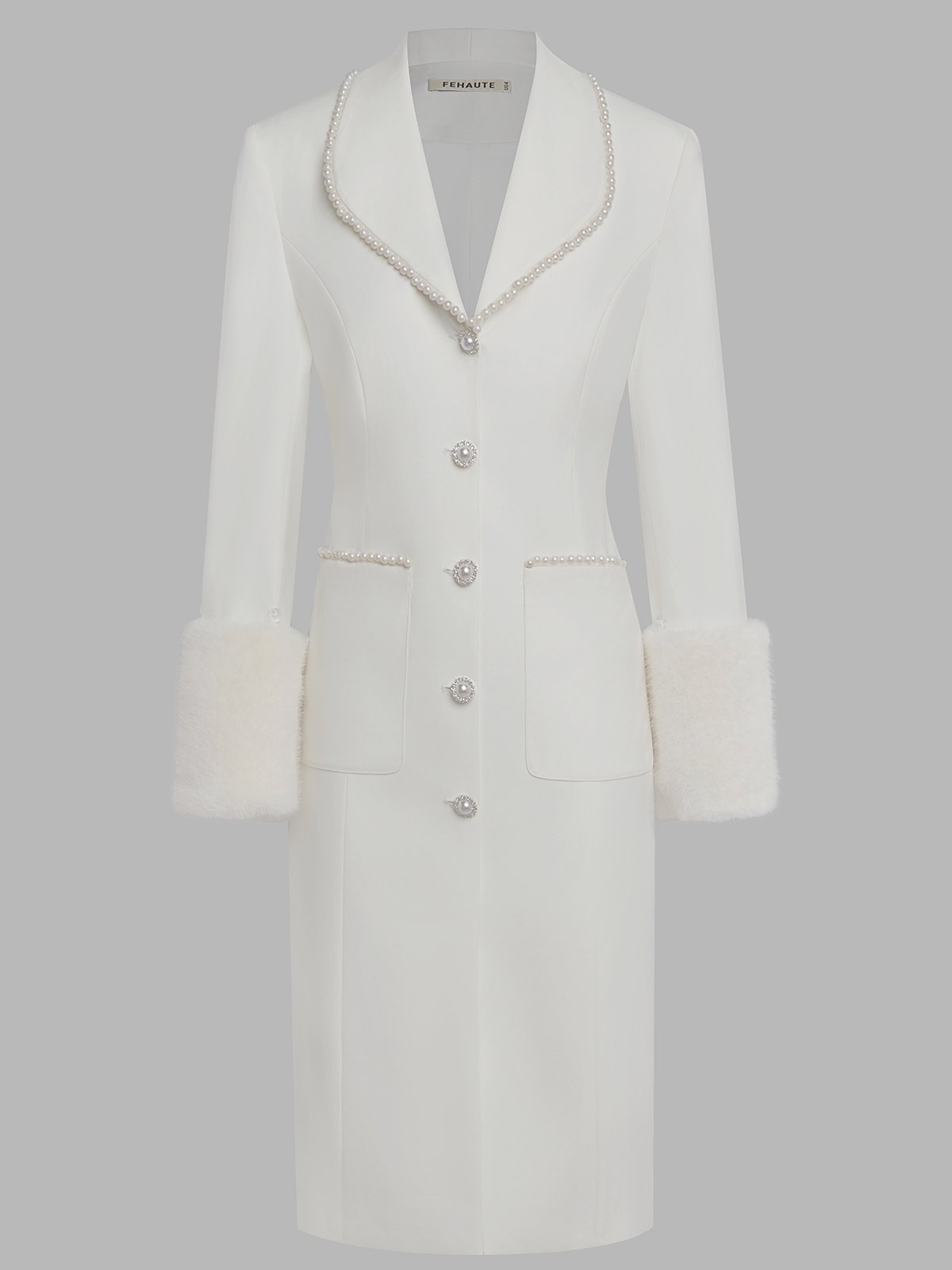 White Imitation Pearls Faux Fur Blazer Lapel Collar Long Sleeve Sheath Midi Dress