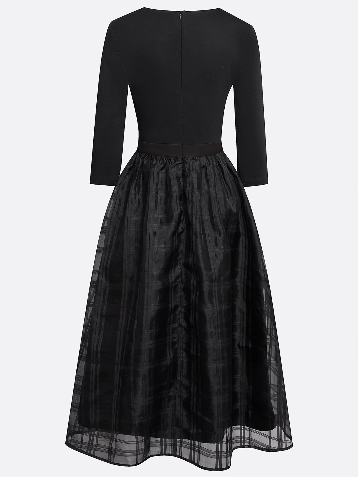 Black Organza Knit Crew Neck Half Sleeve A-Line Midi Dress