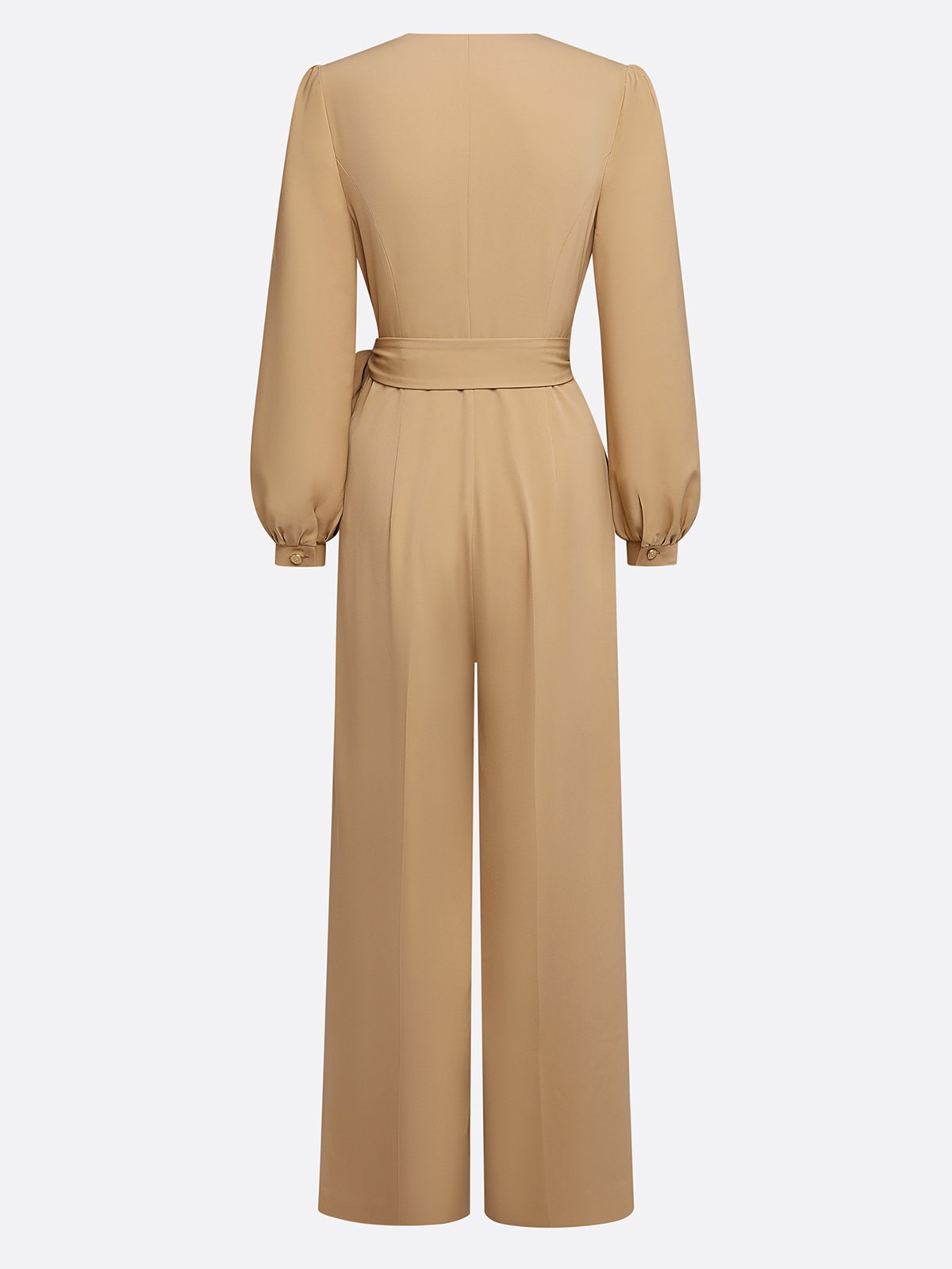 Women Khaki Knot Front V Neck Long Sleeve Balloon Sleeve Dressy Jumpsuit