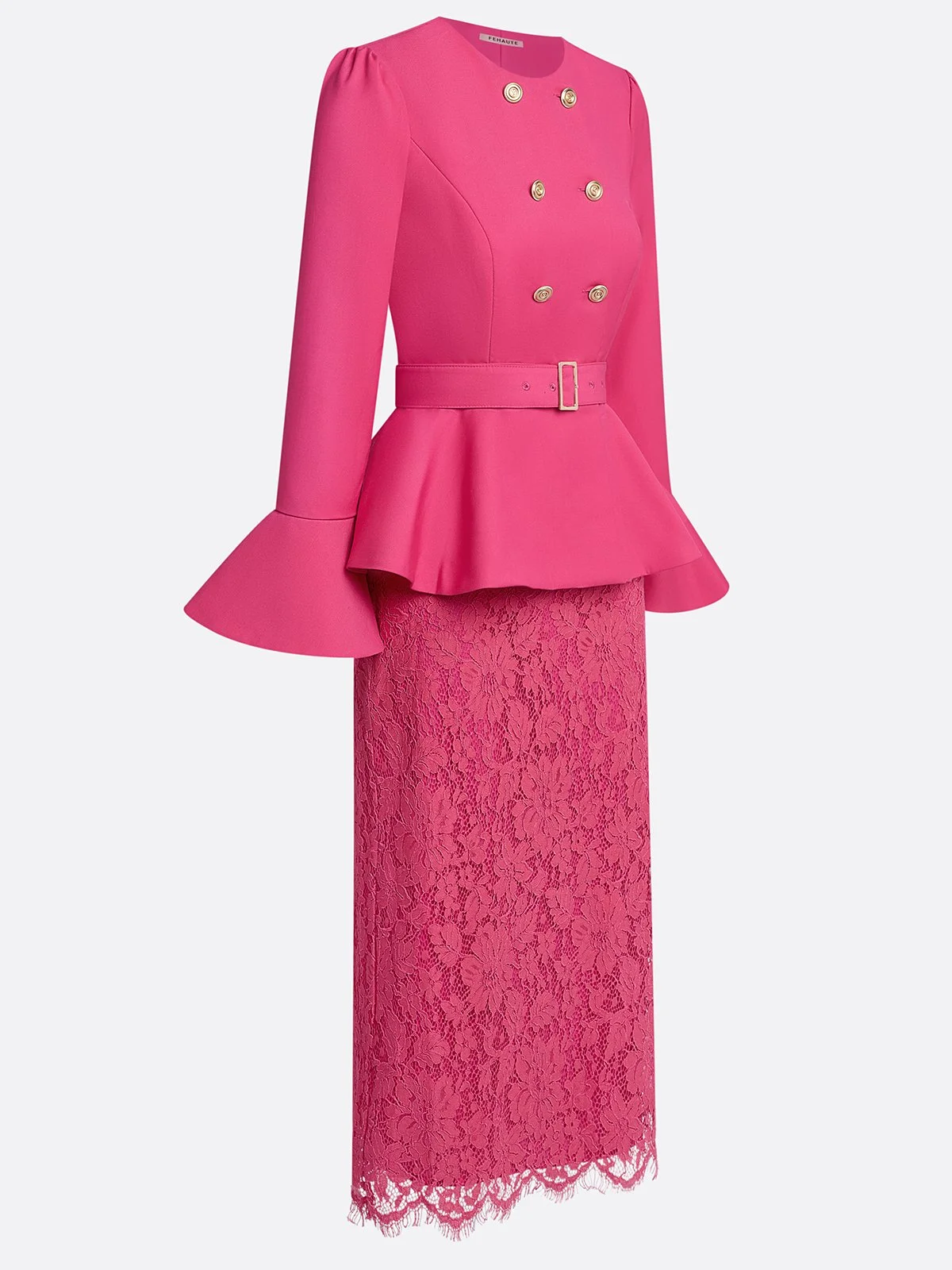 Women Rose Red Buckle Lace Crew Neck Long Sleeve Bell Sleeve Dressy Coat With Skirt Two-Piece Set