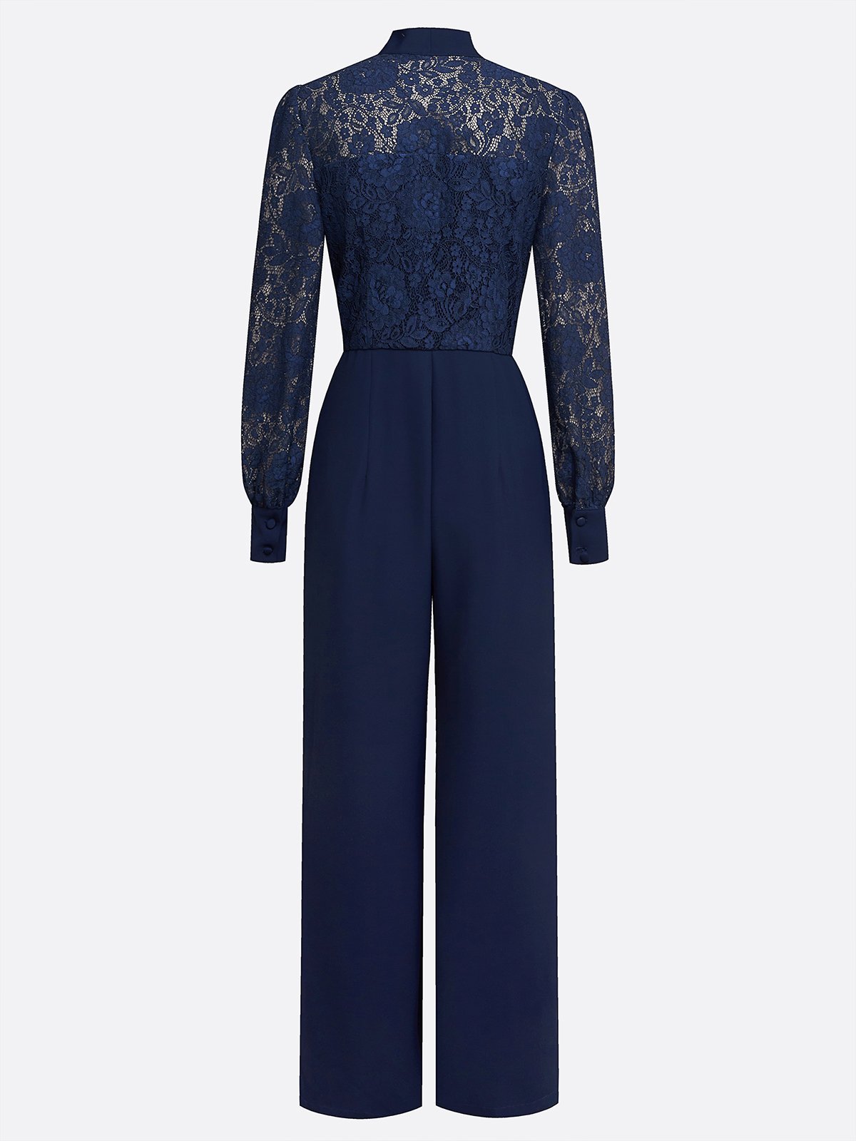 Women Purplish Blue Lace Bow Tie Neck Long Sleeve Balloon Sleeve Dressy Jumpsuit