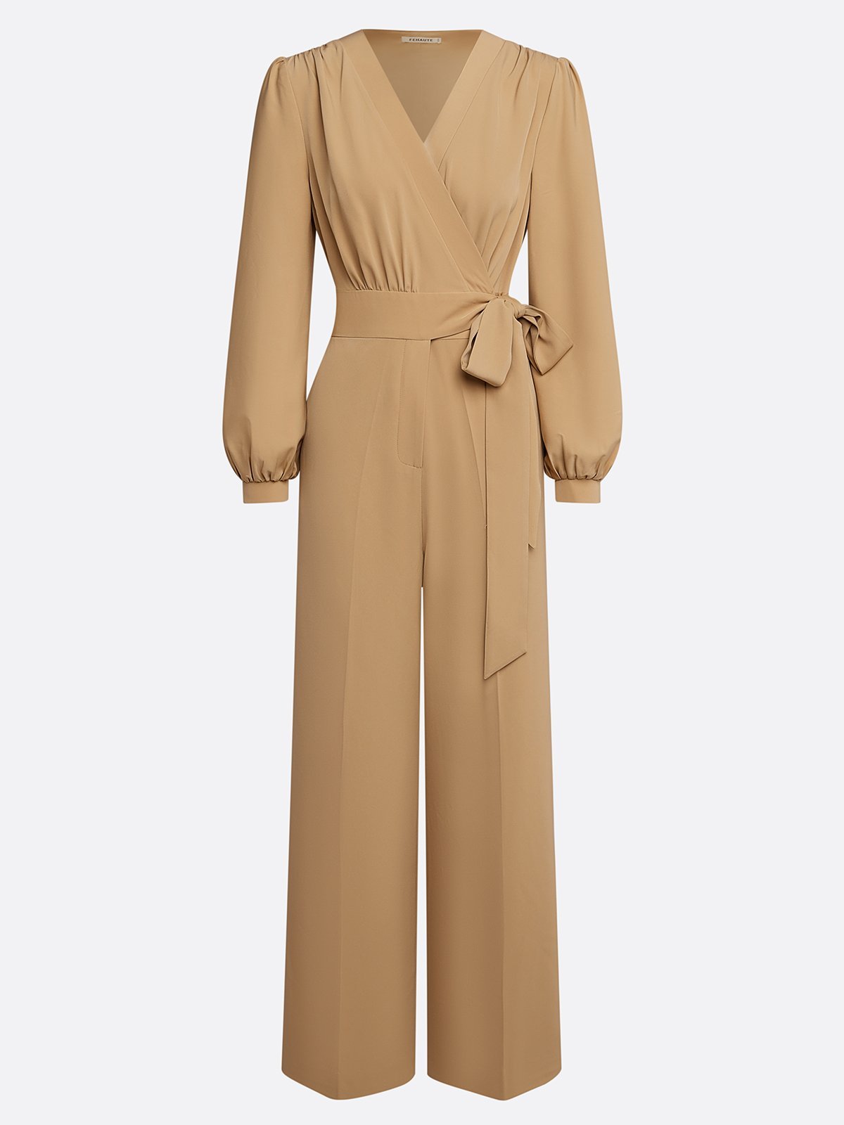 Women Khaki Knot Front V Neck Long Sleeve Balloon Sleeve Dressy Jumpsuit