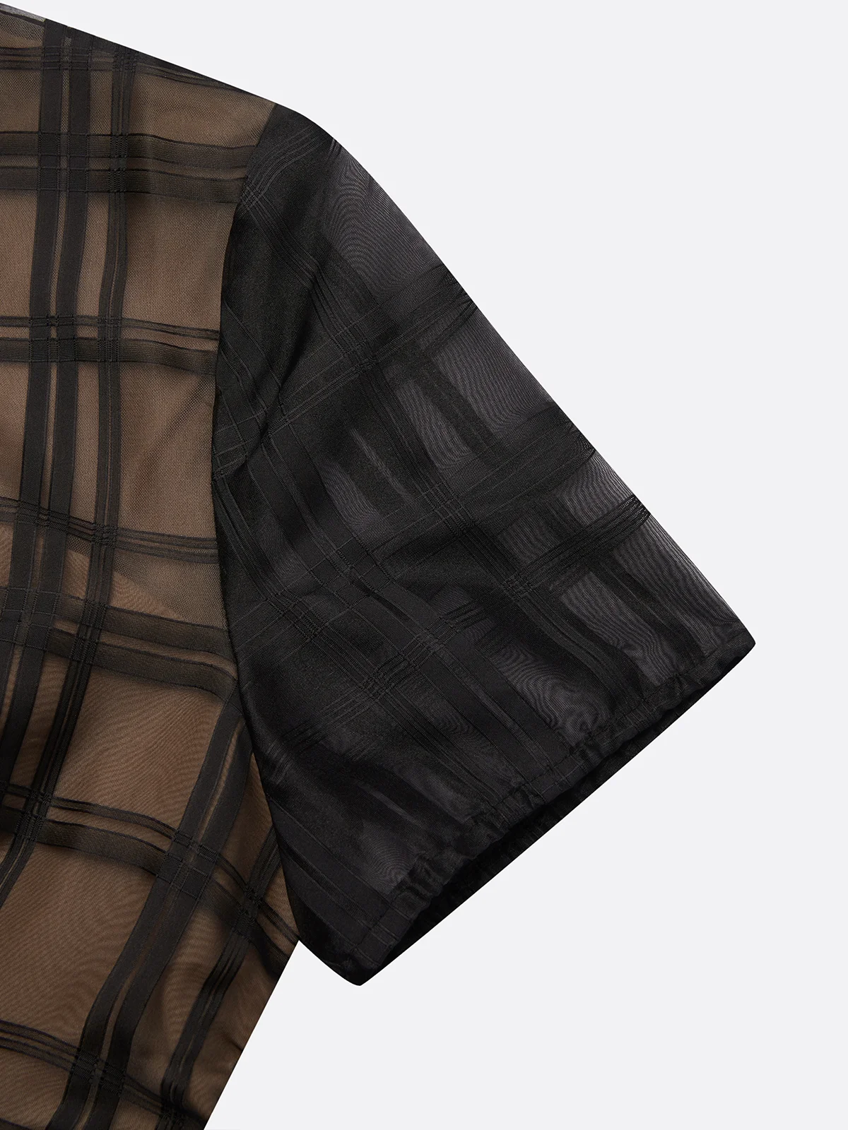 Black Organza Plaid Classic V Neck Short Sleeve Sheath Midi Dress