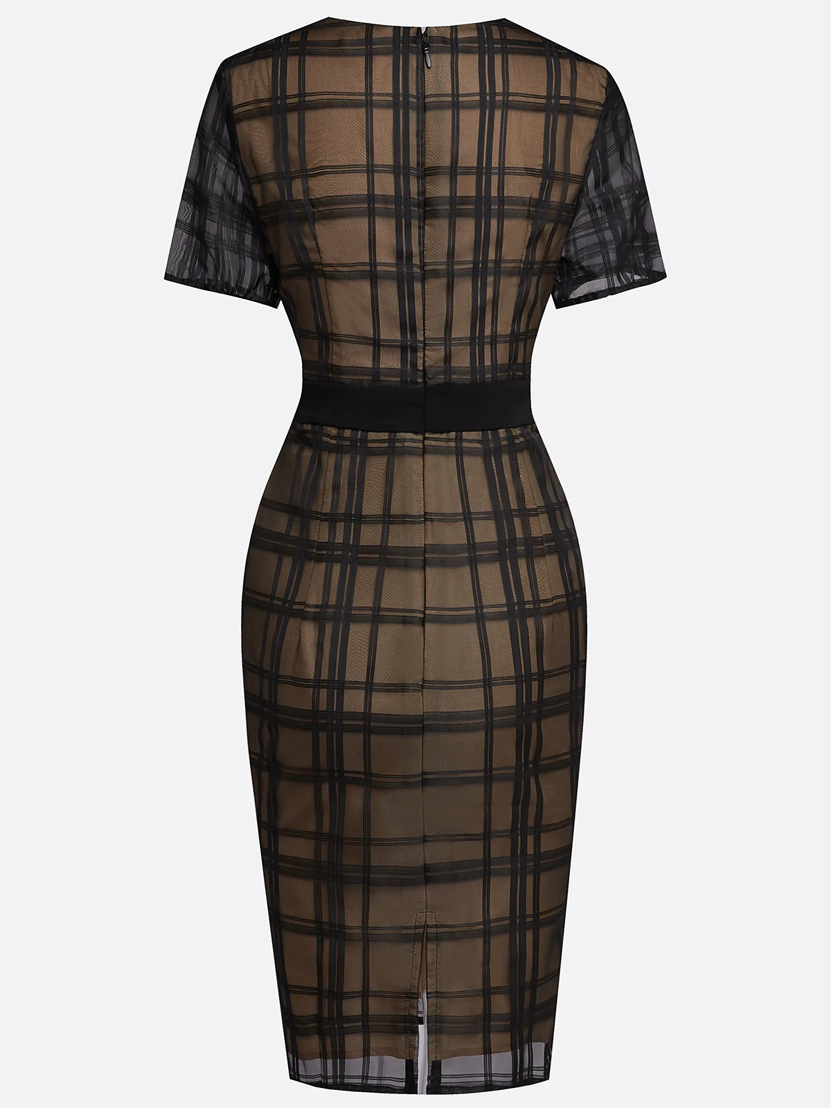 Black Organza Plaid Classic V Neck Short Sleeve Sheath Midi Dress