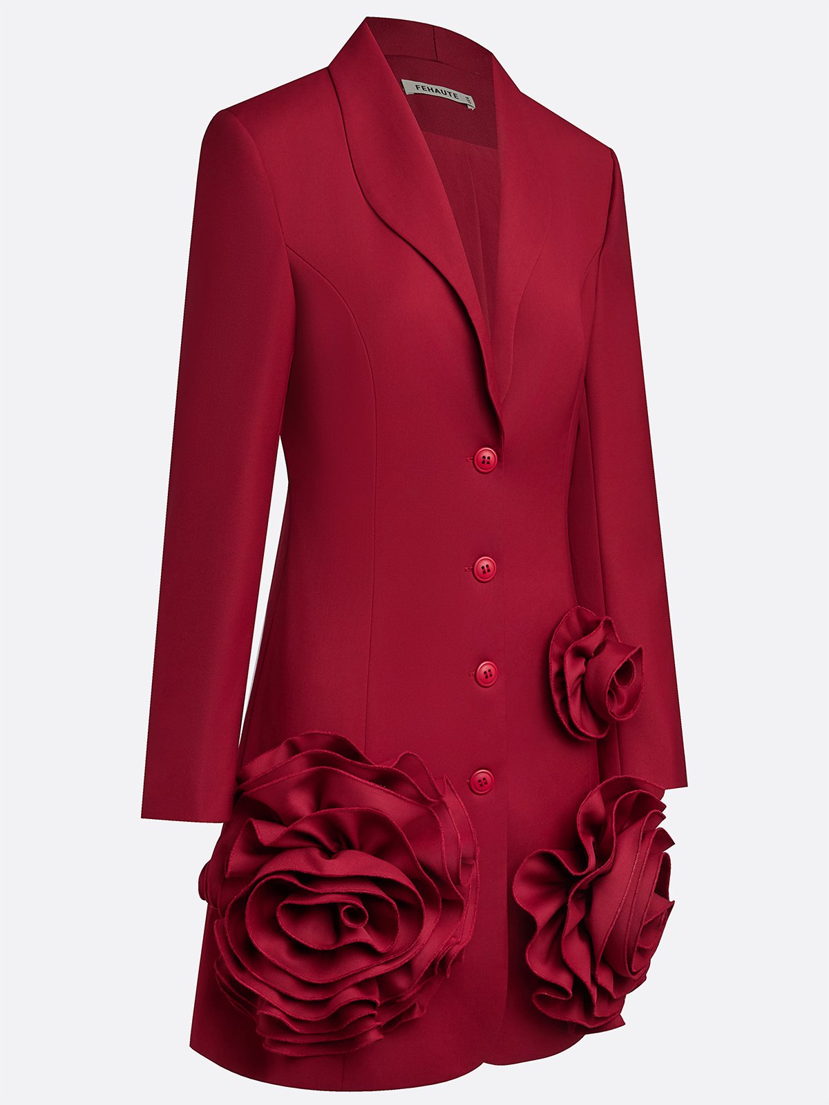 Red 3D Floral Blazer Shawl Collar Long Sleeve A-Line Mini Dress