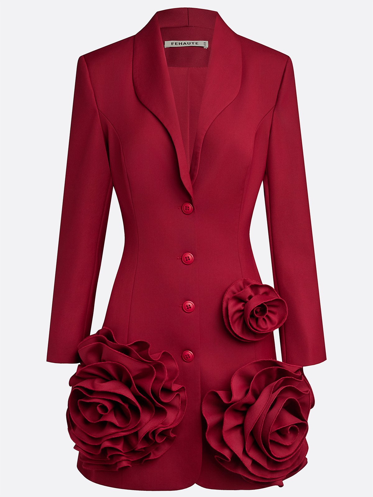 Red 3D Floral Blazer Shawl Collar Long Sleeve A-Line Mini Dress