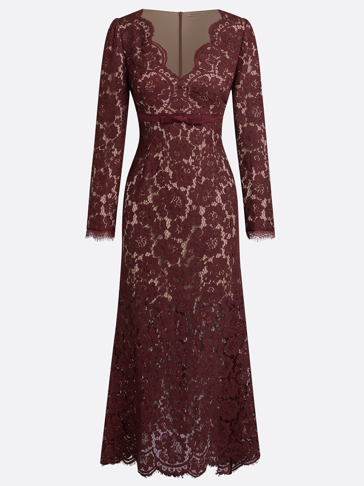 Burgundy Lace V Neck Long Sleeve Sheath Maxi Dress