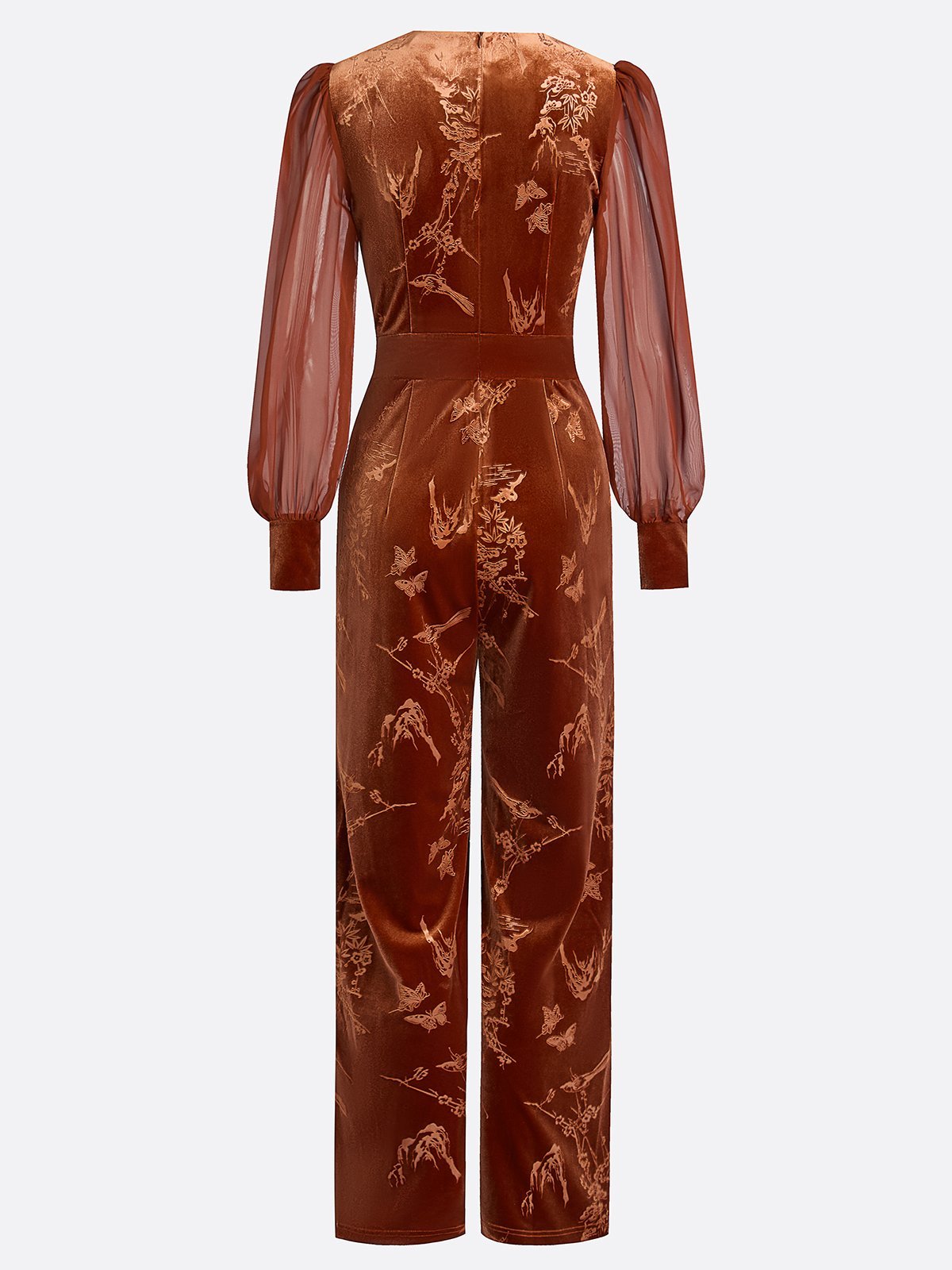 Women Caramel Jacquard Mesh Crew Neck Long Sleeve Balloon Sleeve Dressy Jumpsuit
