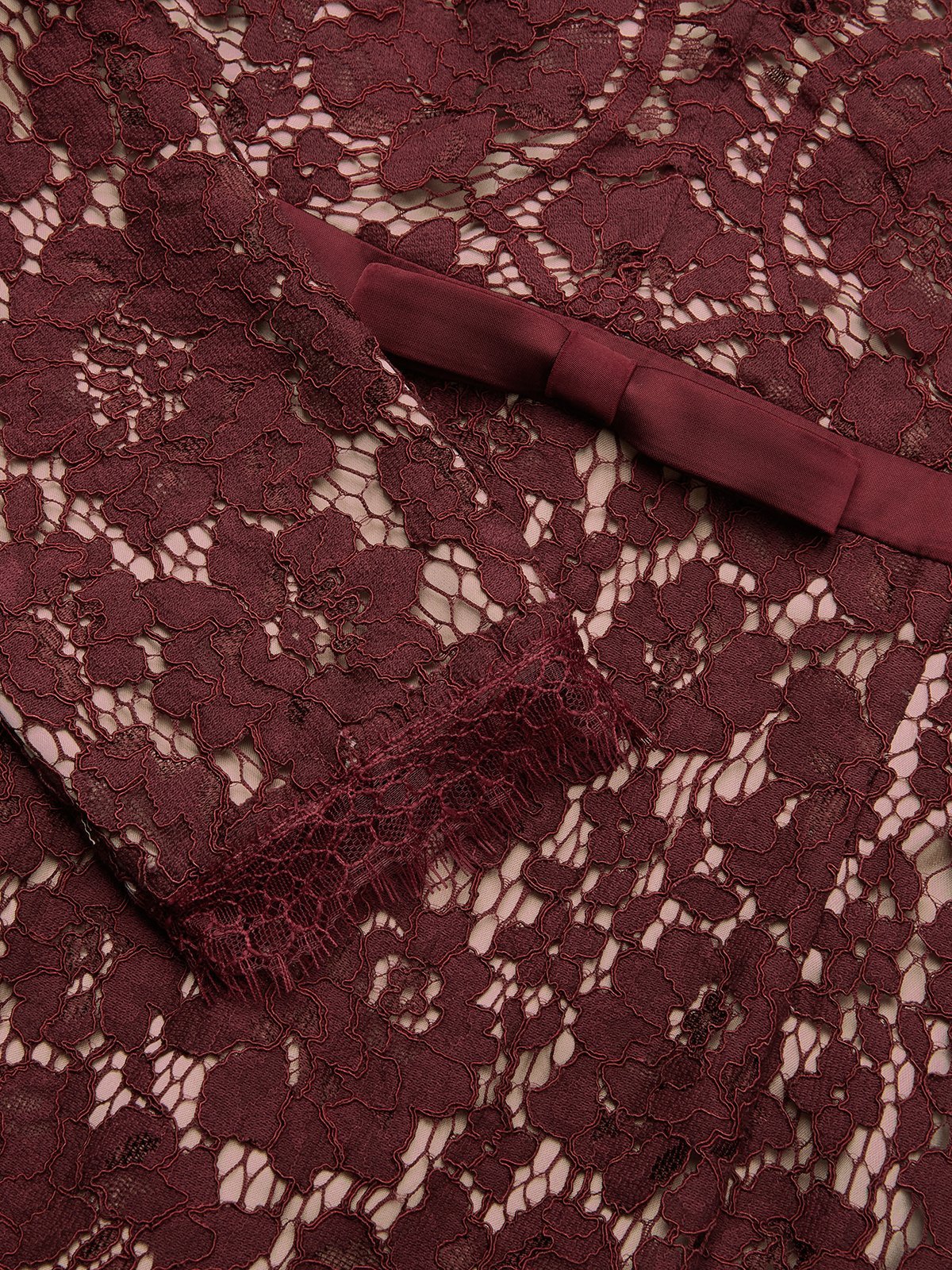 Burgundy Lace V Neck Long Sleeve Sheath Maxi Dress