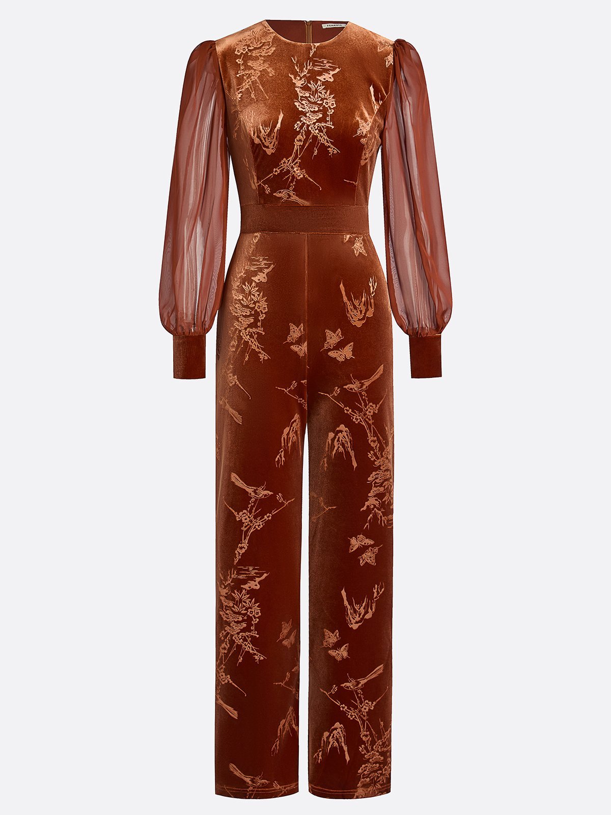 Women Caramel Jacquard Mesh Crew Neck Long Sleeve Balloon Sleeve Dressy Jumpsuit