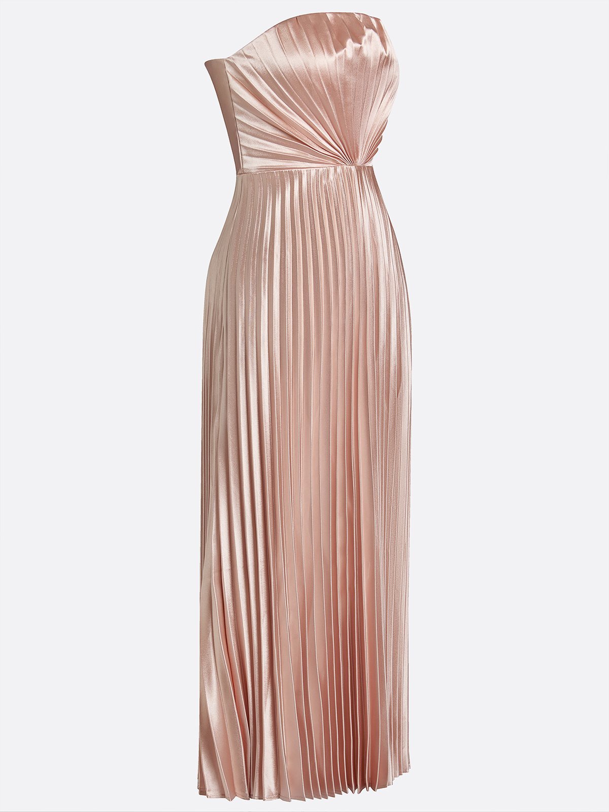 Rose Gold Pleated Satin Strapless Sleeveless A-Line Midi Dress