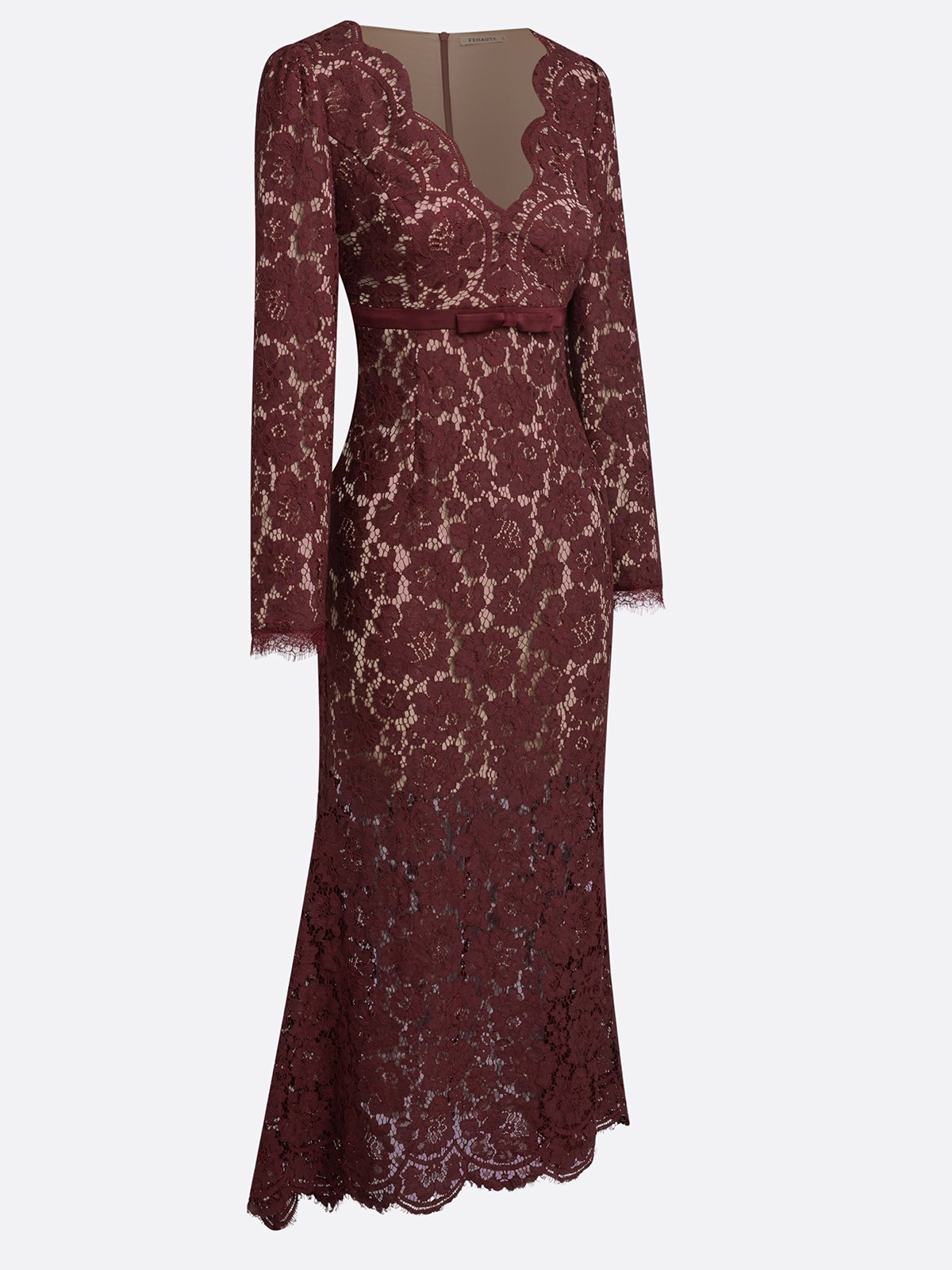 Burgundy Lace V Neck Long Sleeve Sheath Maxi Dress