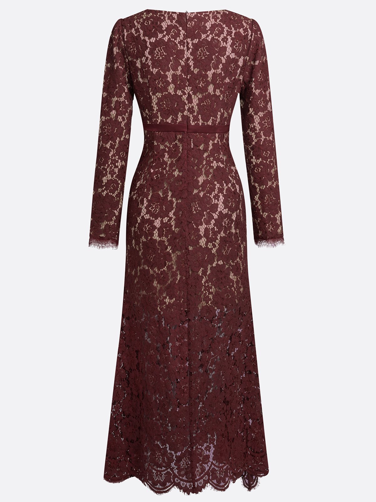 Burgundy Lace V Neck Long Sleeve Sheath Maxi Dress
