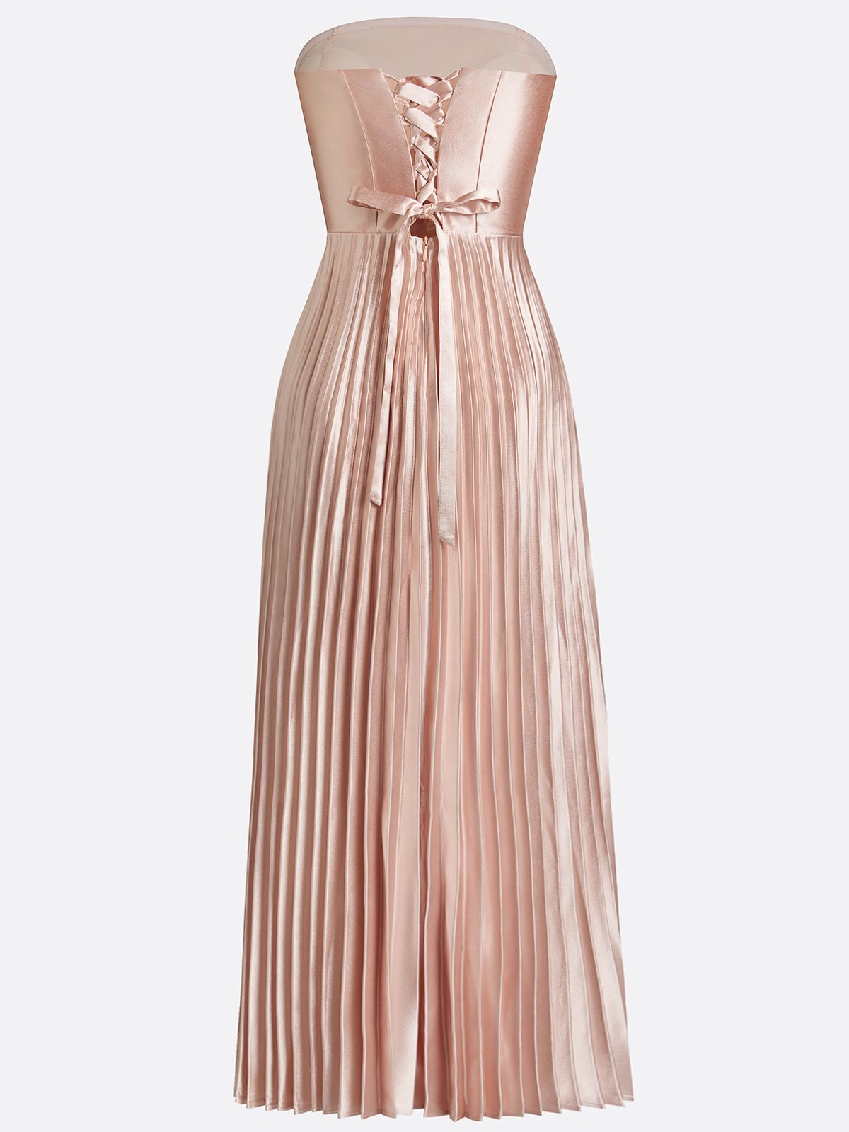 Rose Gold Pleated Satin Strapless Sleeveless A-Line Midi Dress