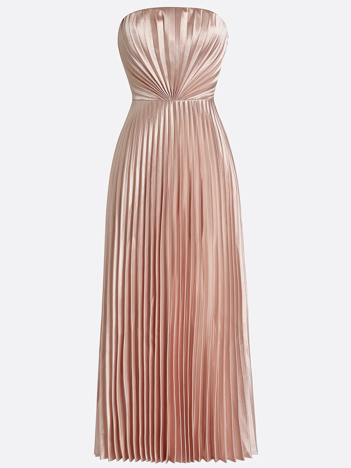 Rose Gold Pleated Satin Strapless Sleeveless A-Line Midi Dress