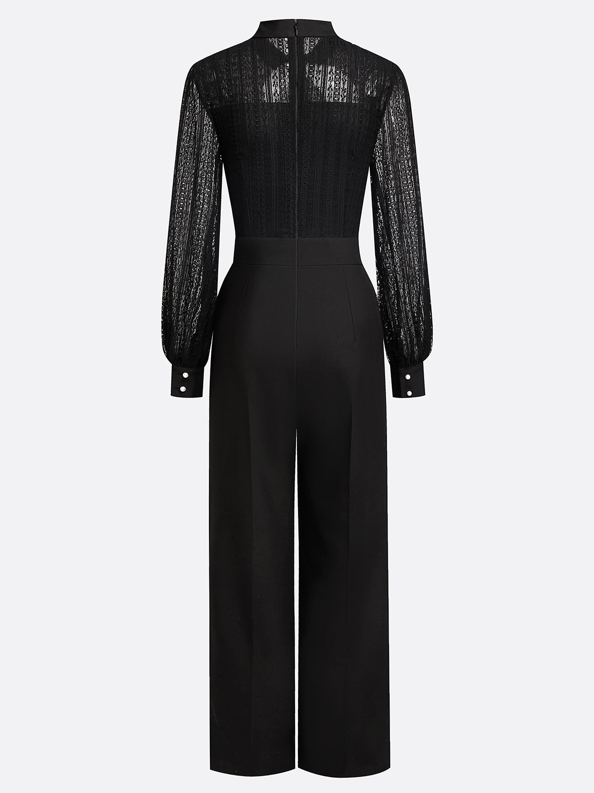 Women Black Lace Mock Neck Long Balloon Sleeve Dressy Jumpsuit