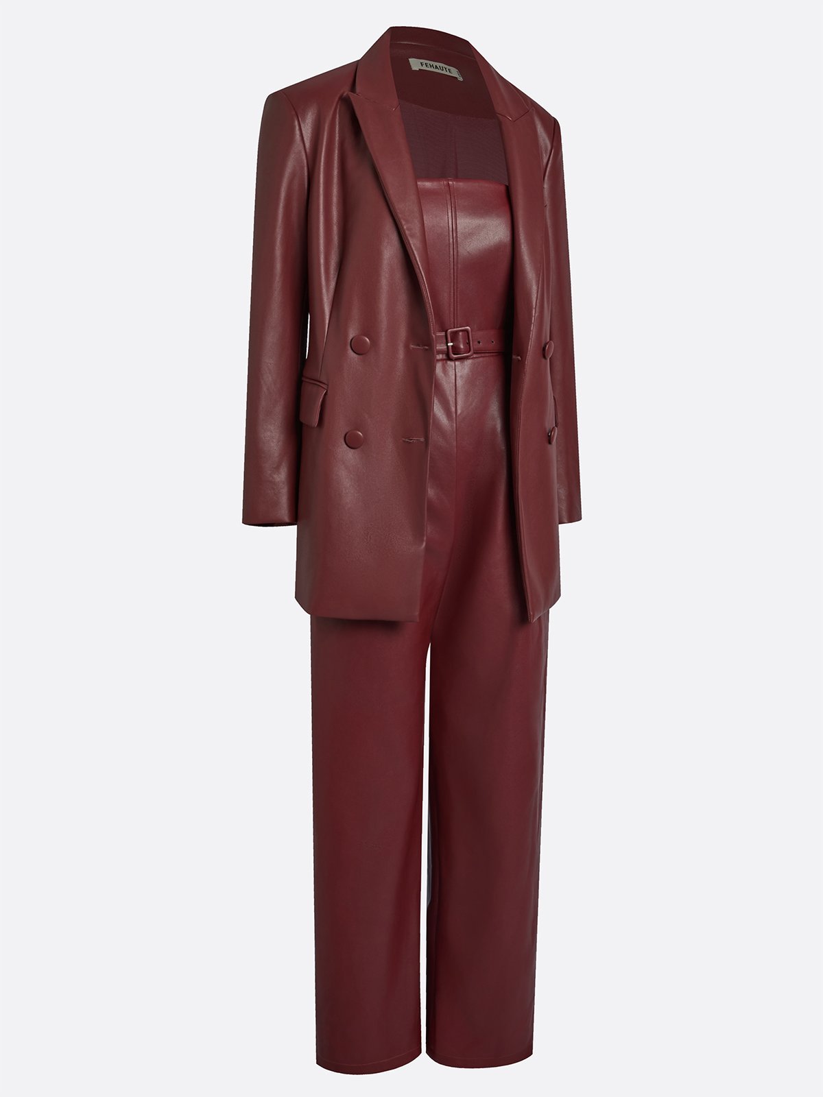 Women Faux Leather Spring/Fall Burgundy Pocket Stitching Blazer