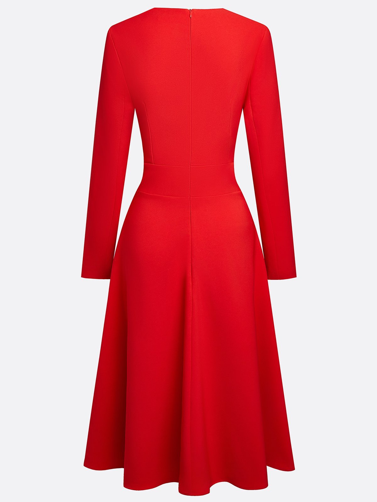 Red Classic Asymmetrical Long Sleeve A-Line Midi Dress