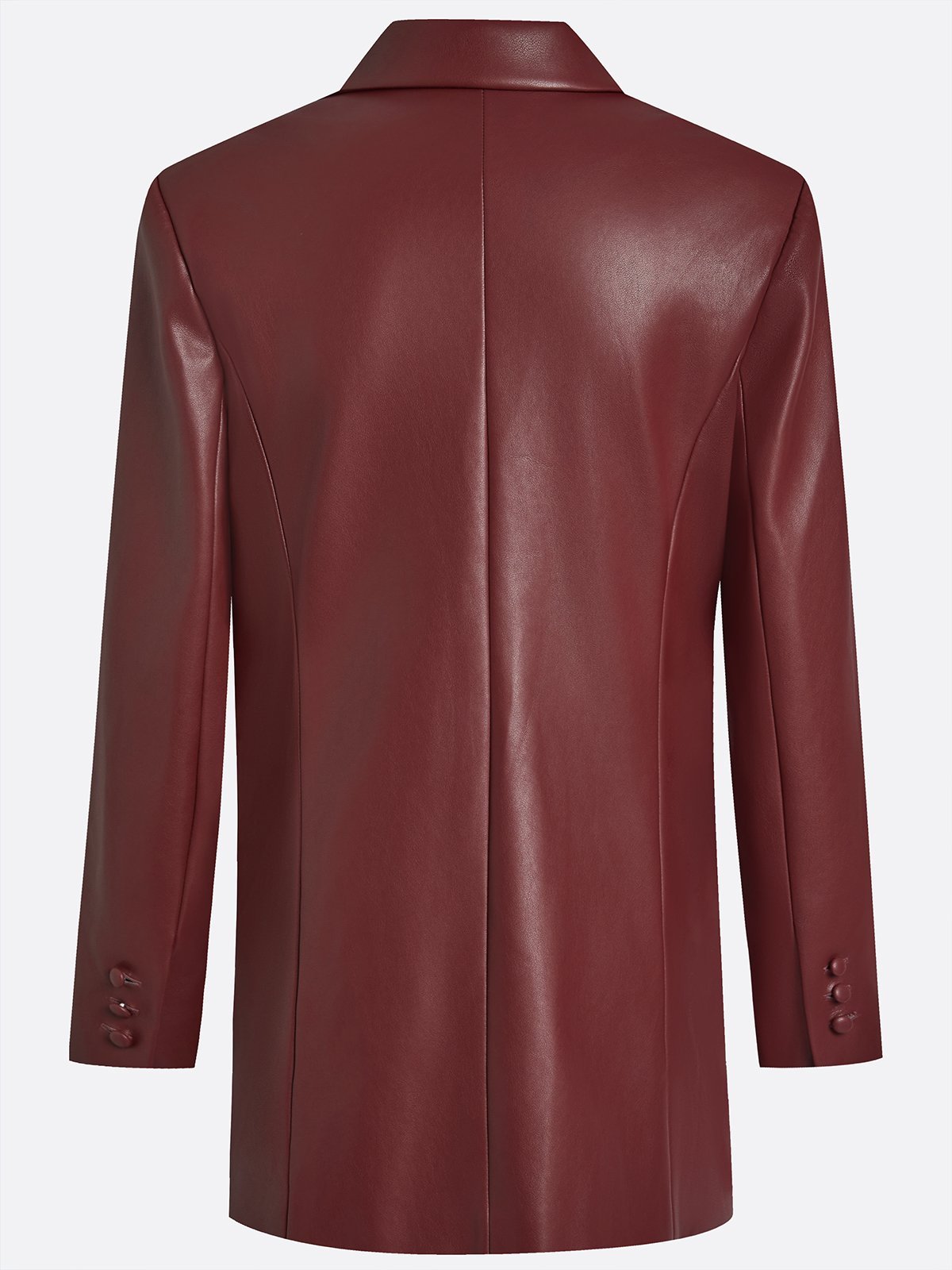 Women Faux Leather Spring/Fall Burgundy Pocket Stitching Blazer