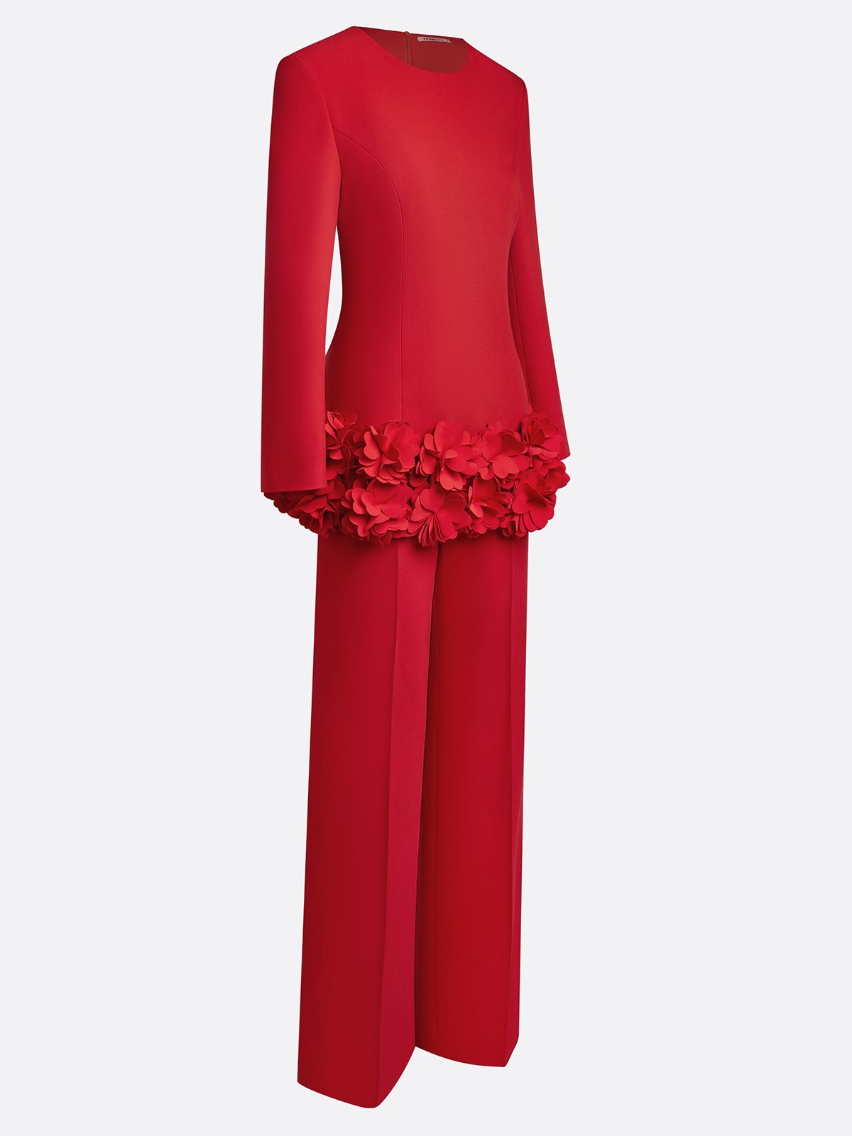 Women Red 3D Floral Crew Neck Long Sleeve Dressy Top With Pants Two-Piece Set