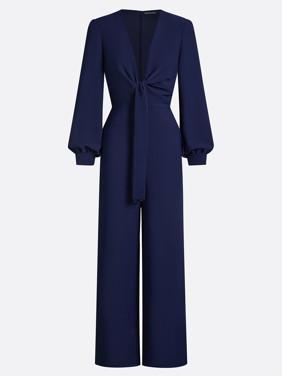 Women Purplish Blue Knot Front Deep V Neck Long Sleeve Balloon Sleeve Dressy Jumpsuit