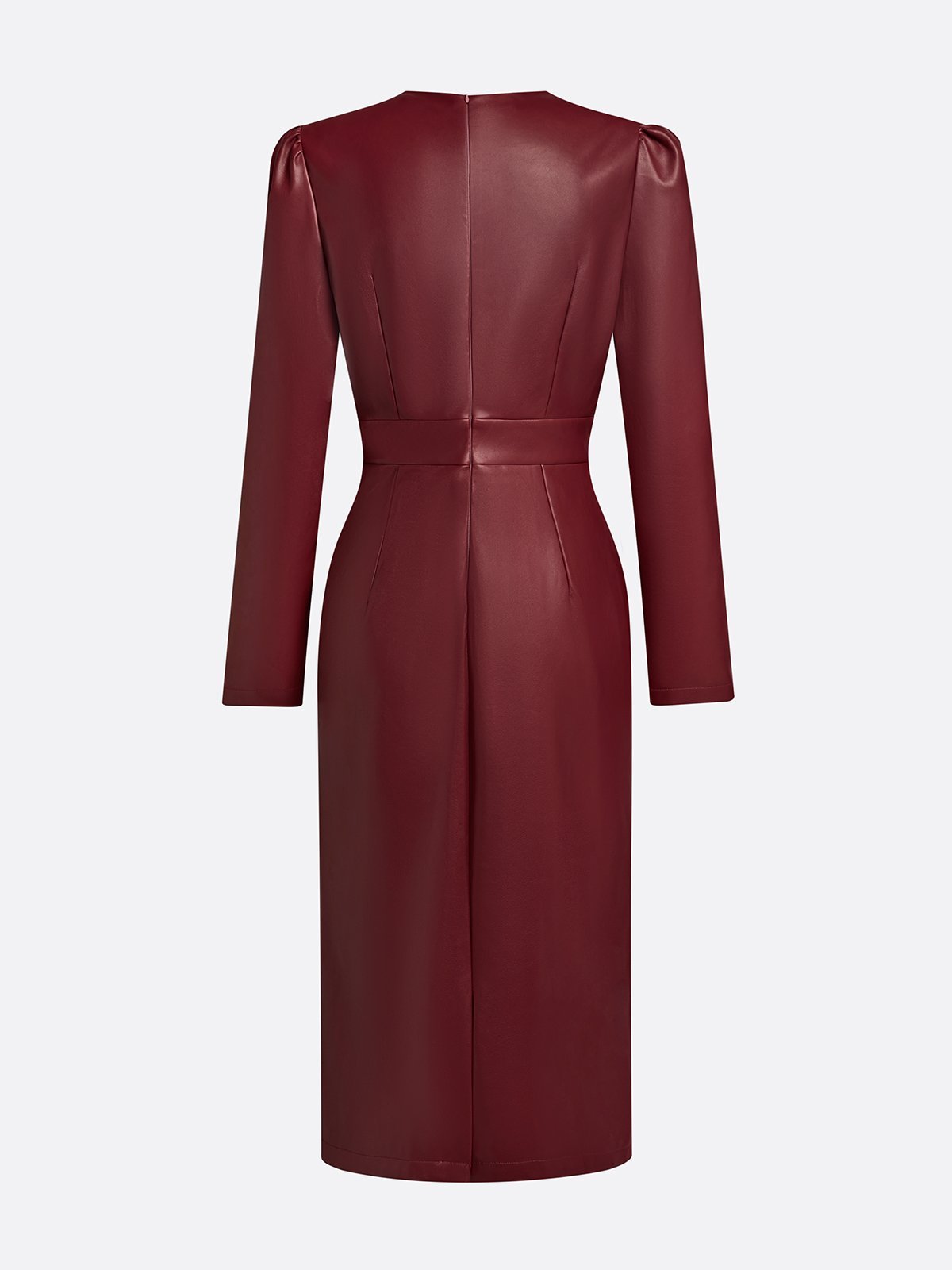Wine Red Faux Leather V Neck Long Sleeve Sheath Midi Dress