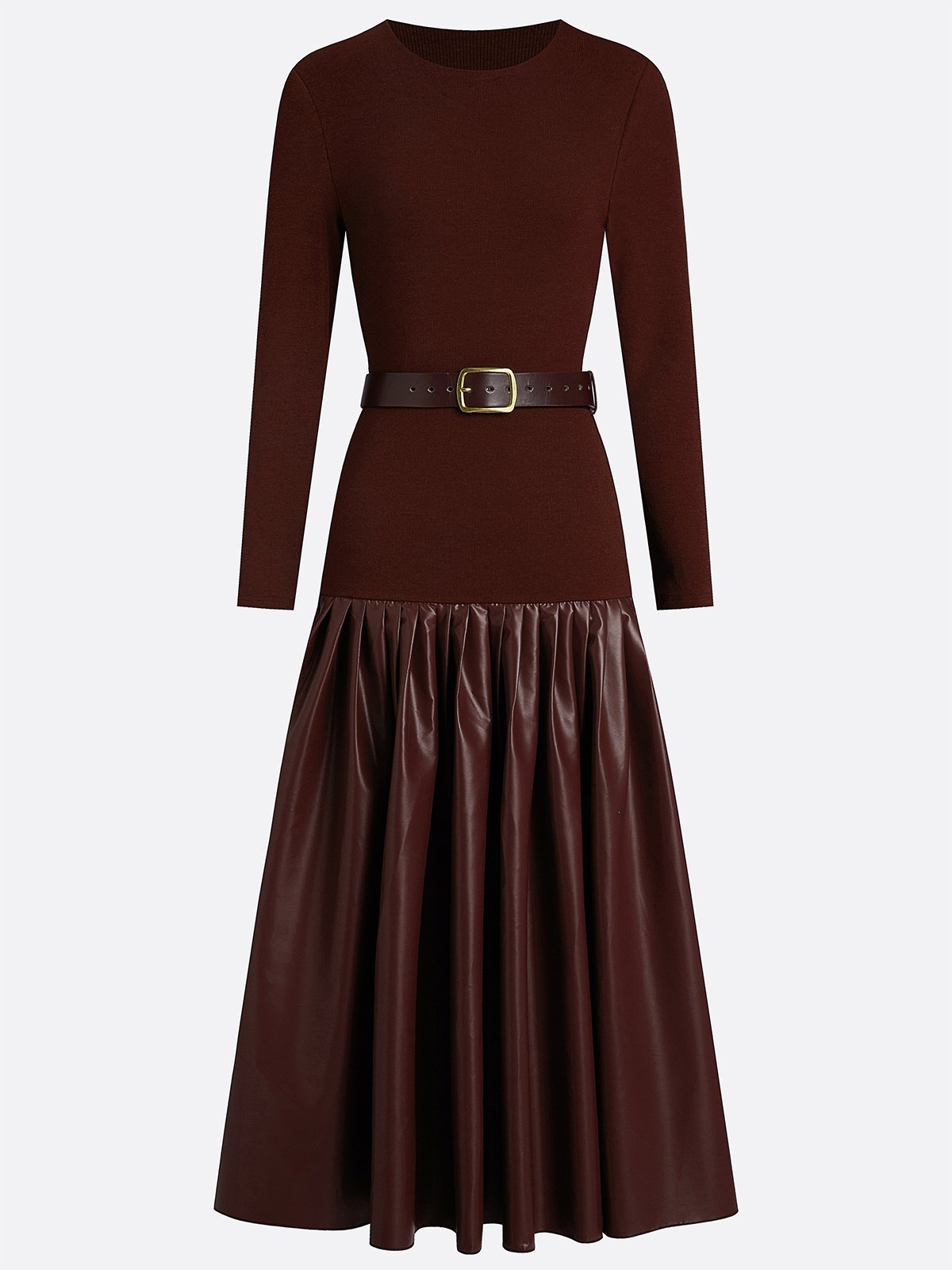 Burgundy Faux Leather Pleated Split Joint Knit Crew Neck Long Sleeve A-Line Maxi Dress