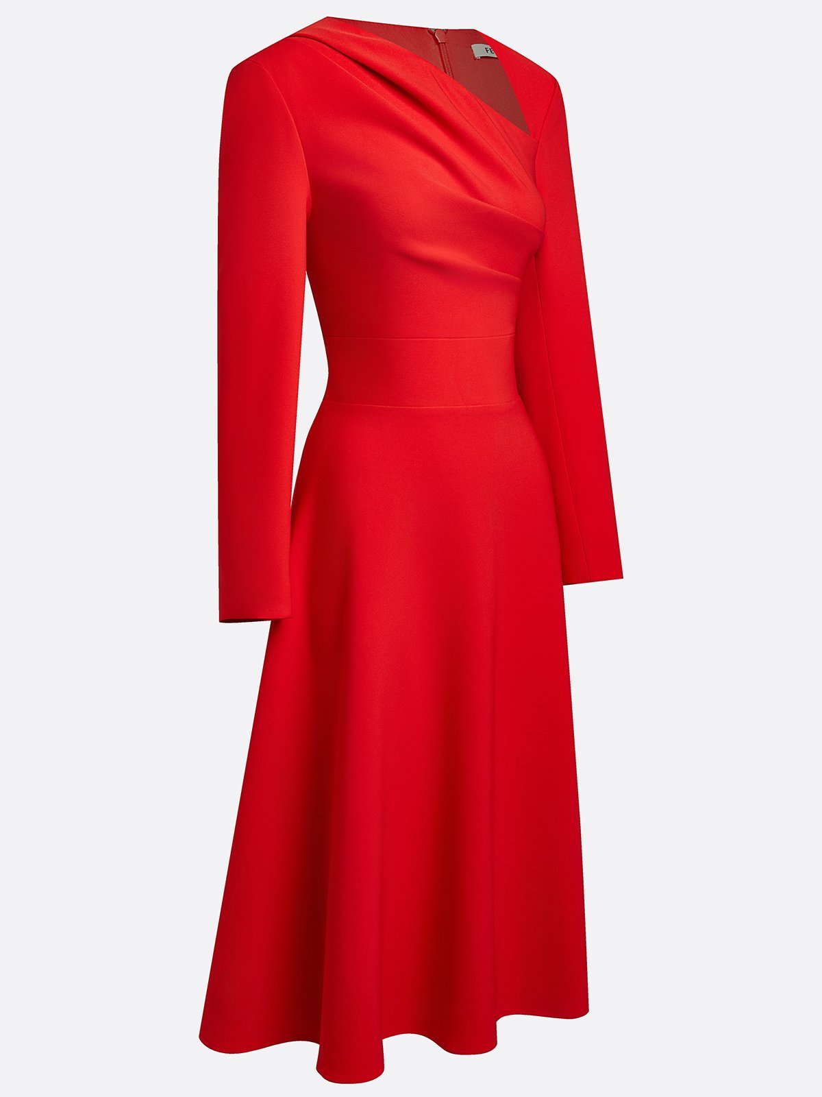 Red Classic Asymmetrical Long Sleeve A-Line Midi Dress