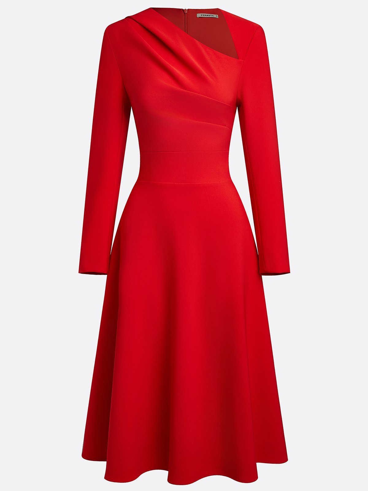 Red Classic Asymmetrical Long Sleeve A-Line Midi Dress