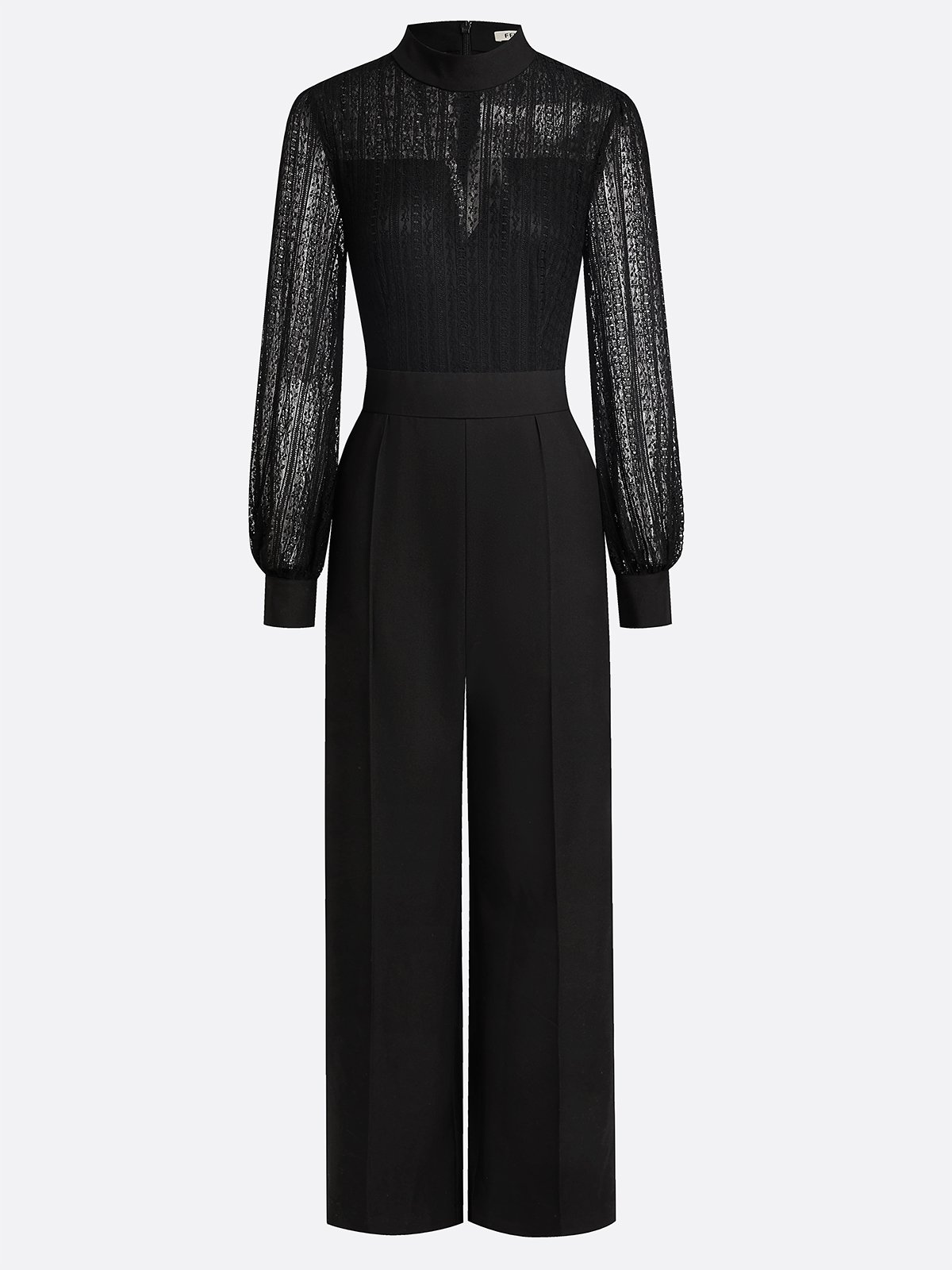 Women Black Lace Mock Neck Long Balloon Sleeve Dressy Jumpsuit
