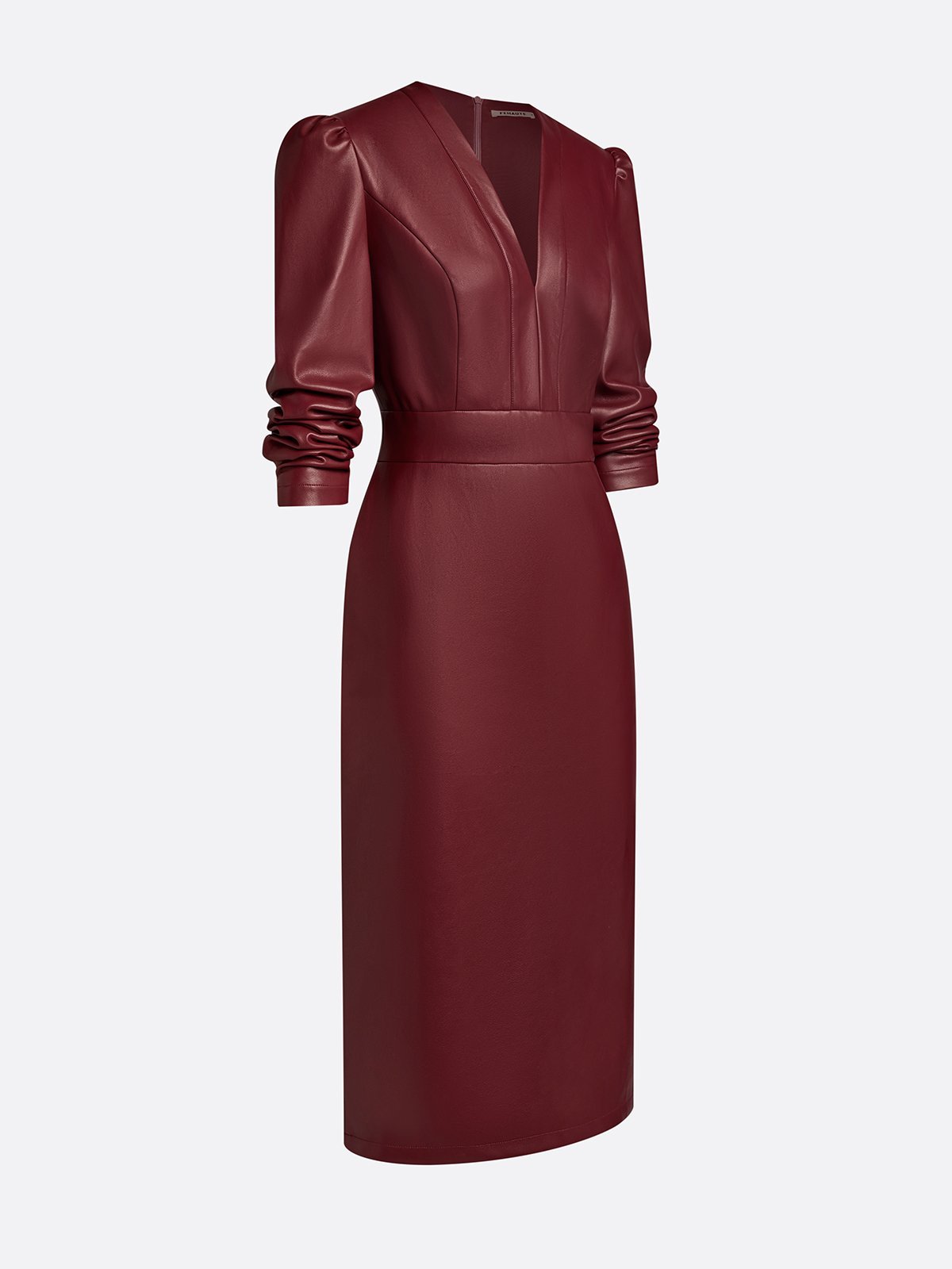Wine Red Faux Leather V Neck Long Sleeve Sheath Midi Dress