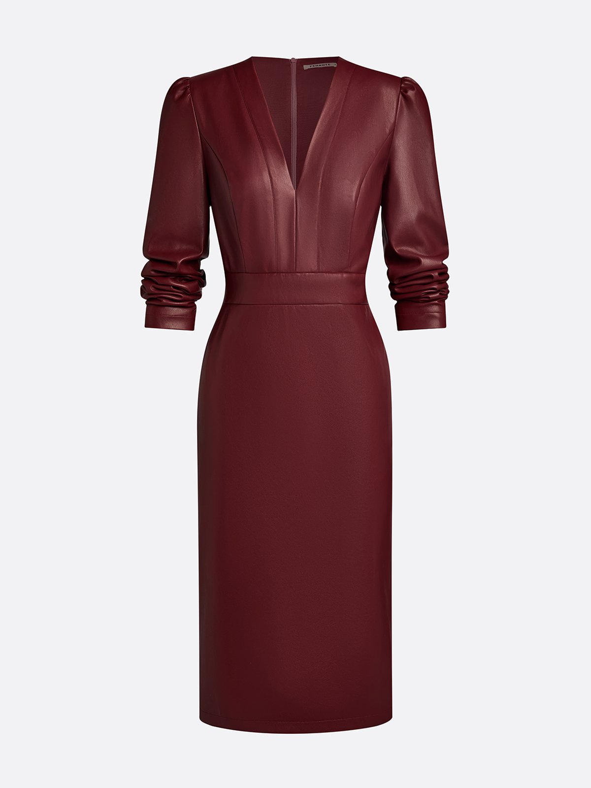 Wine Red Faux Leather V Neck Long Sleeve Sheath Midi Dress
