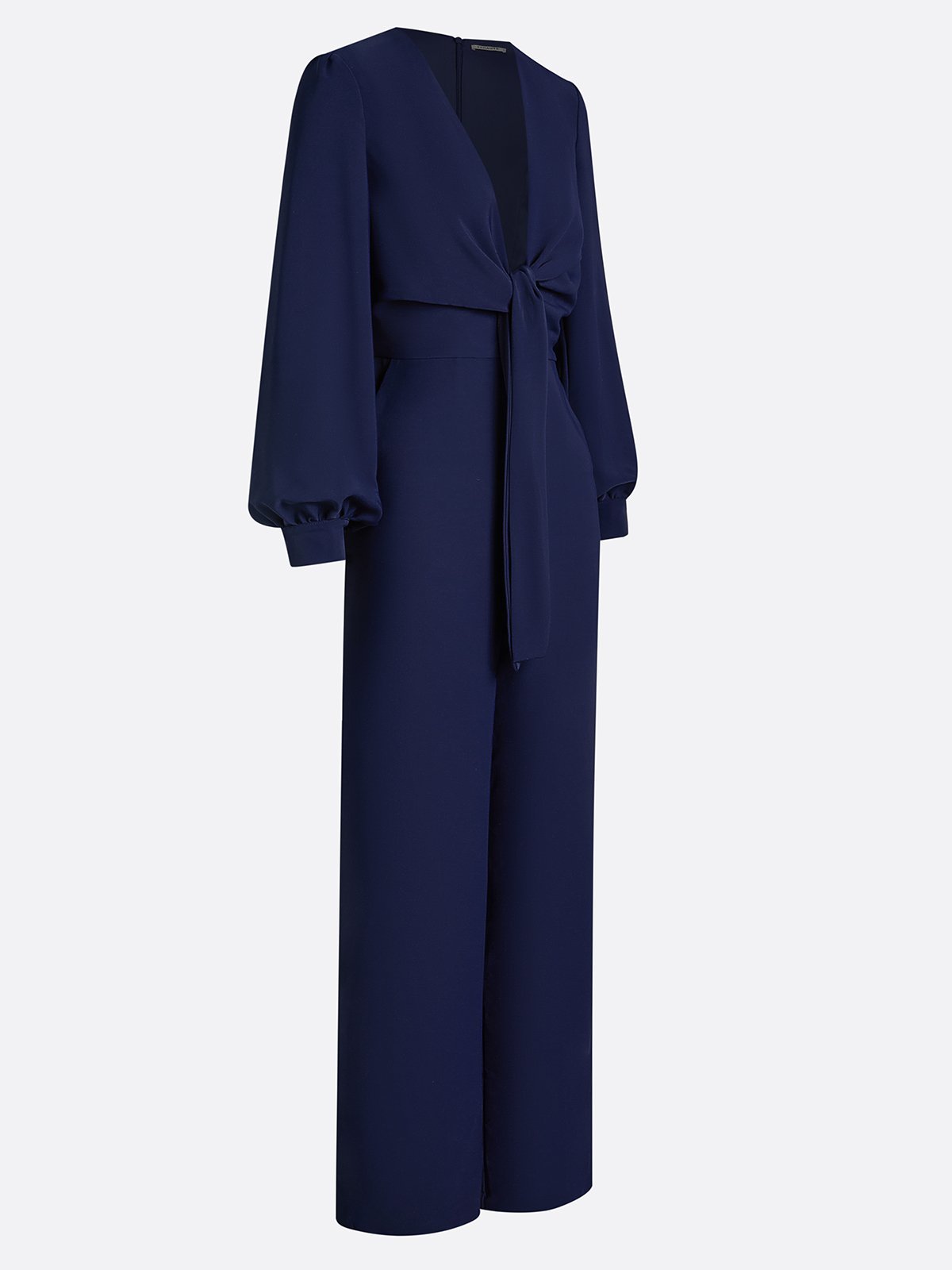 Women Purplish Blue Knot Front Deep V Neck Long Sleeve Balloon Sleeve Dressy Jumpsuit