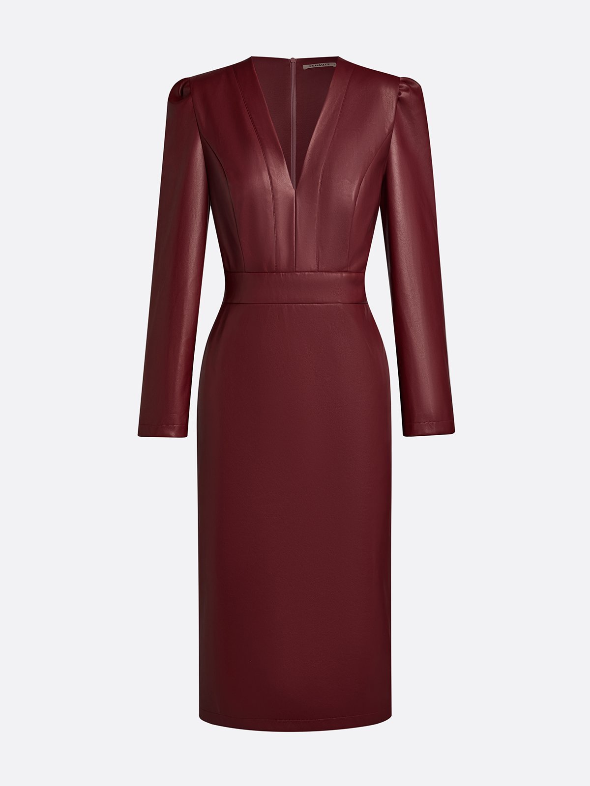 Wine Red Faux Leather V Neck Long Sleeve Sheath Midi Dress
