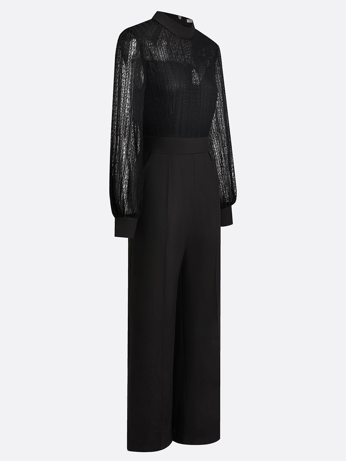 Women Black Lace Mock Neck Long Balloon Sleeve Dressy Jumpsuit