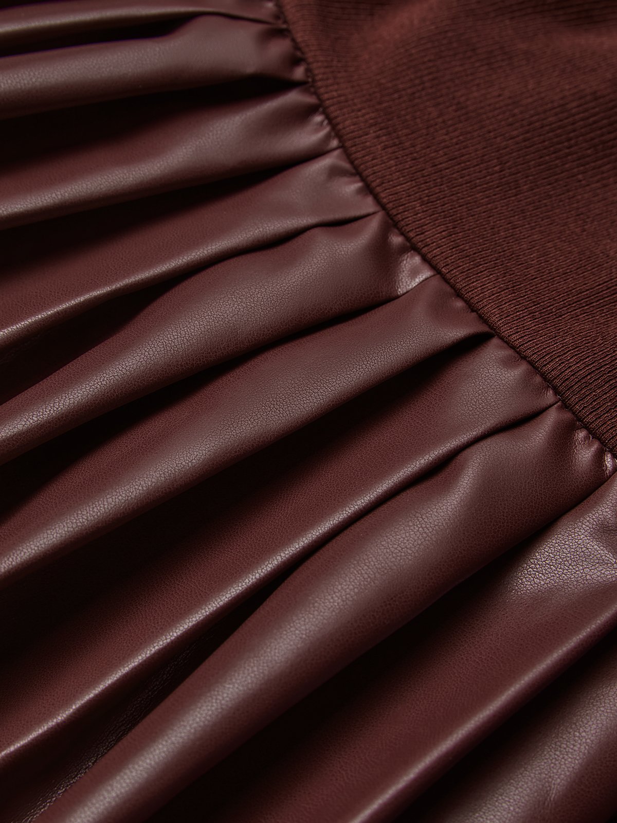 Burgundy Faux Leather Pleated Split Joint Knit Crew Neck Long Sleeve A-Line Maxi Dress