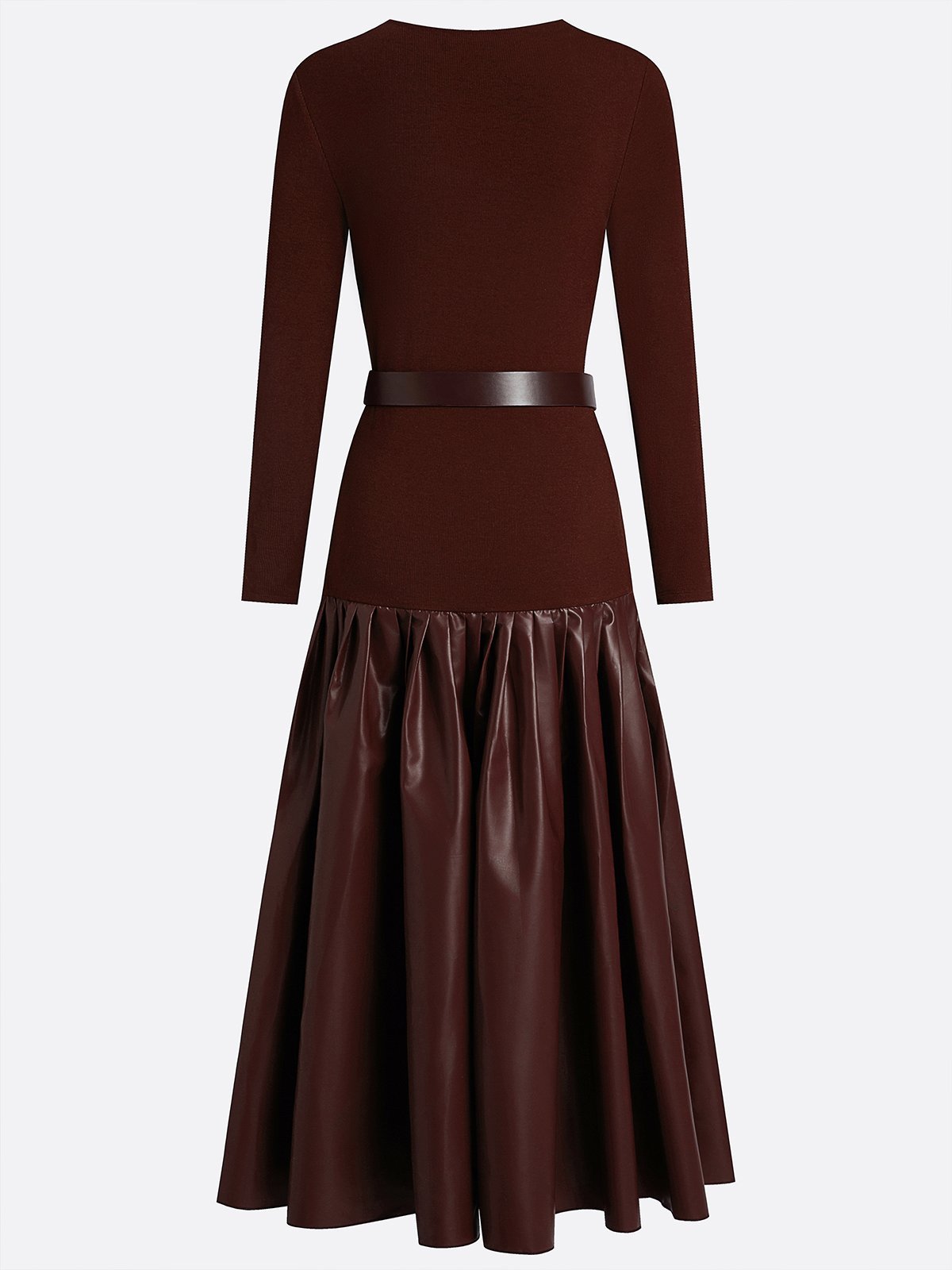 Burgundy Faux Leather Pleated Split Joint Knit Crew Neck Long Sleeve A-Line Maxi Dress