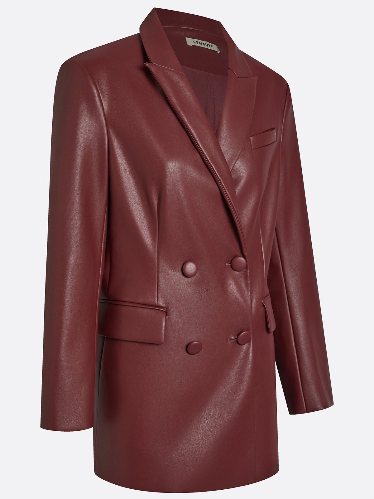 Women Faux Leather Spring/Fall Burgundy Pocket Stitching Blazer