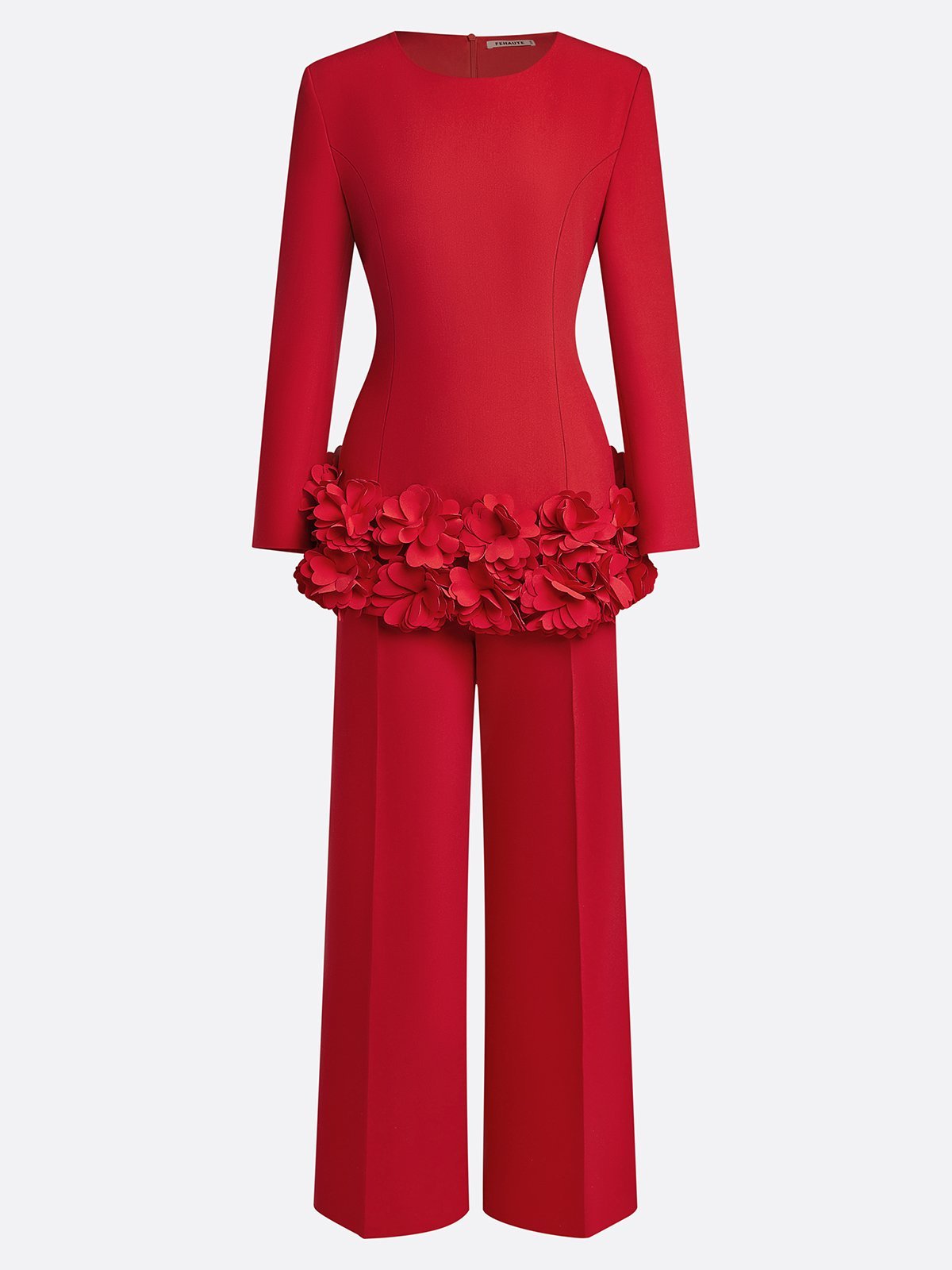 Women Red 3D Floral Crew Neck Long Sleeve Dressy Top With Pants Two-Piece Set