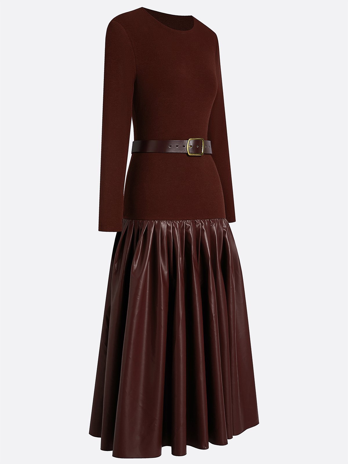 Burgundy Faux Leather Pleated Split Joint Knit Crew Neck Long Sleeve A-Line Maxi Dress