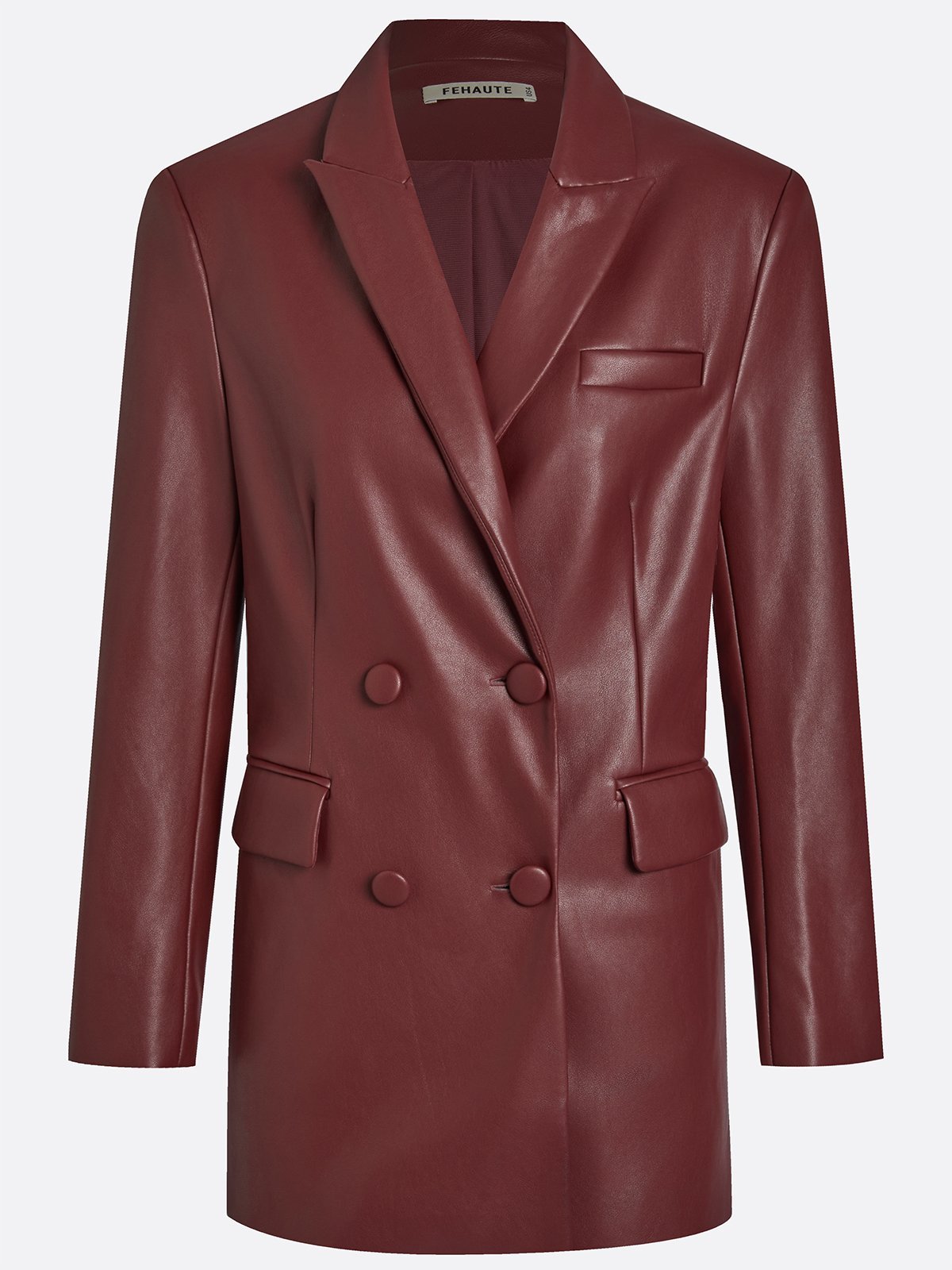 Women Faux Leather Spring/Fall Burgundy Pocket Stitching Blazer