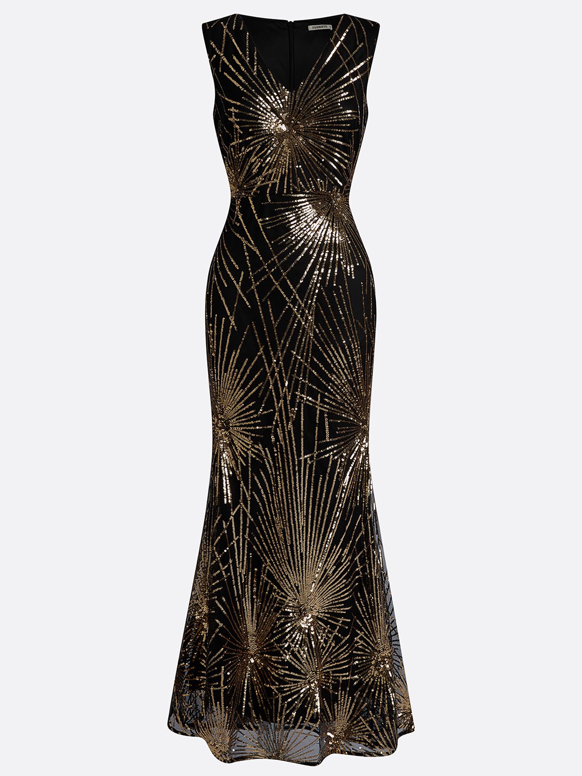 Golden-Black Sequin V Neck Sleeveless Sheath Gown Dress