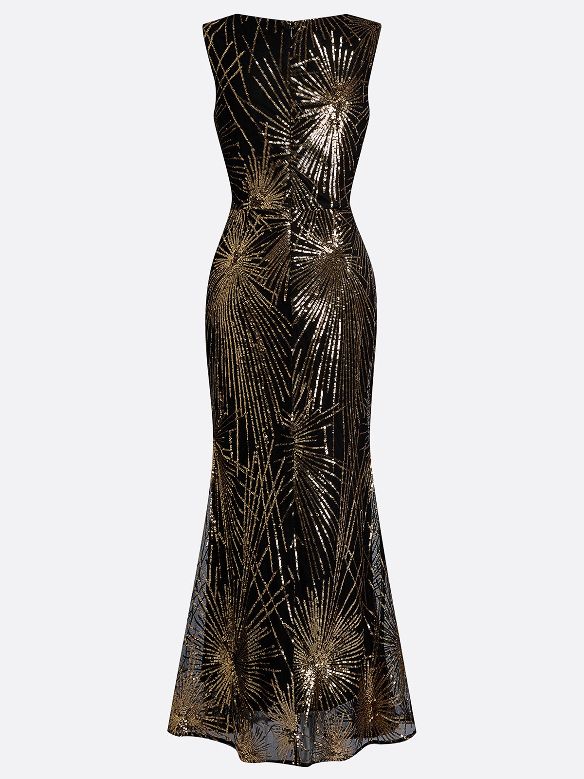Golden-Black Sequin V Neck Sleeveless Sheath Gown Dress