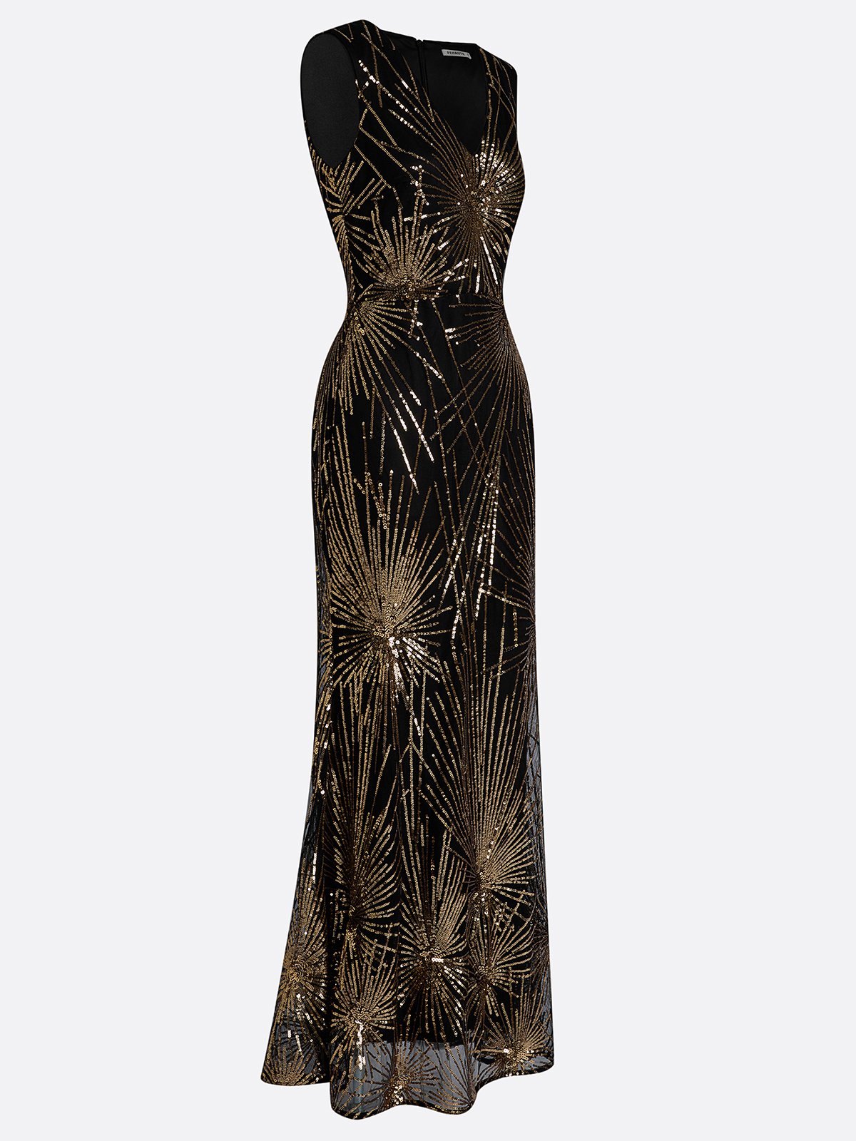 Golden-Black Sequin V Neck Sleeveless Sheath Gown Dress