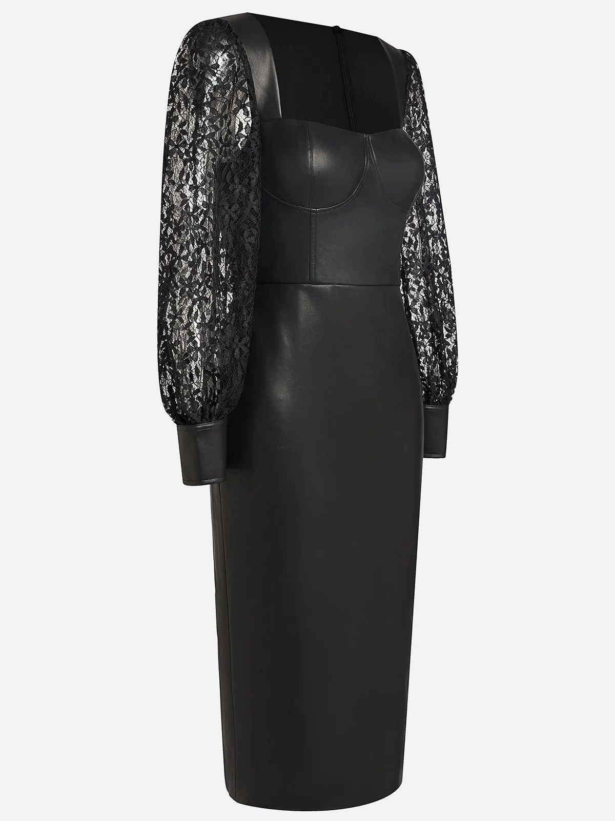 Black Lace Faux Leather Square Neck Long Sleeve Balloon Sleeve Sheath Midi Dress