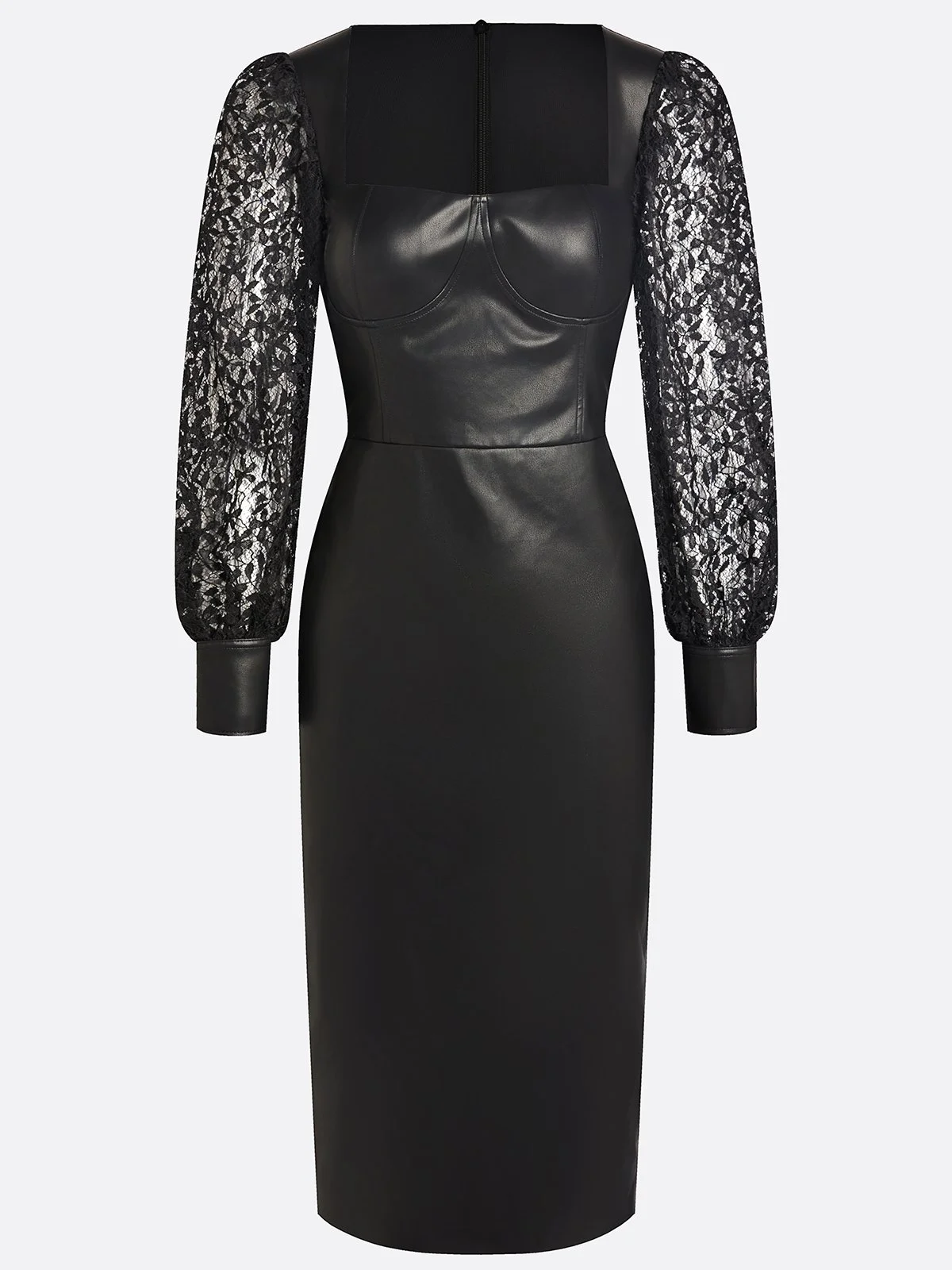 Black Lace Faux Leather Square Neck Long Sleeve Balloon Sleeve Sheath Midi Dress