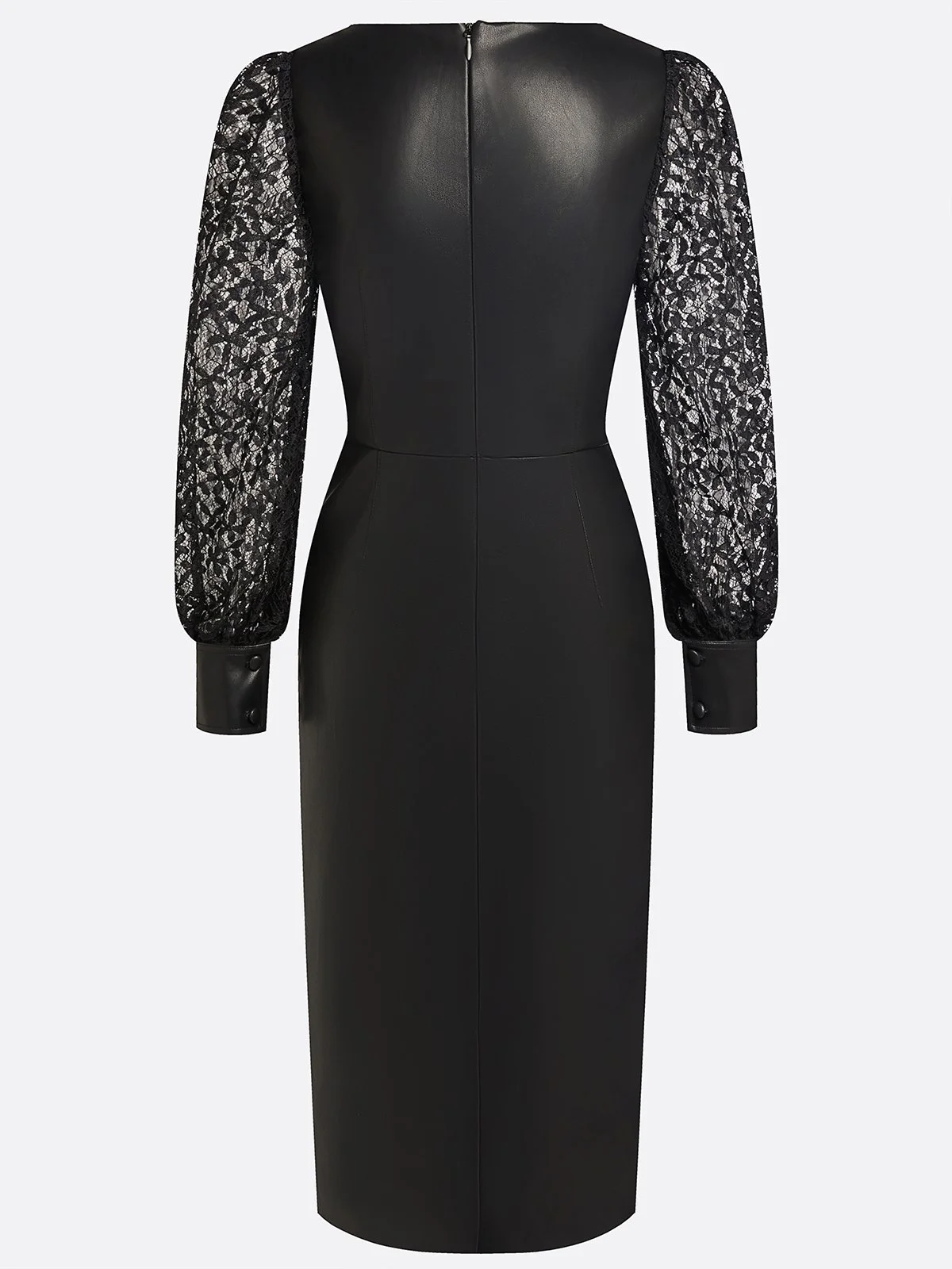 Black Lace Faux Leather Square Neck Long Sleeve Balloon Sleeve Sheath Midi Dress